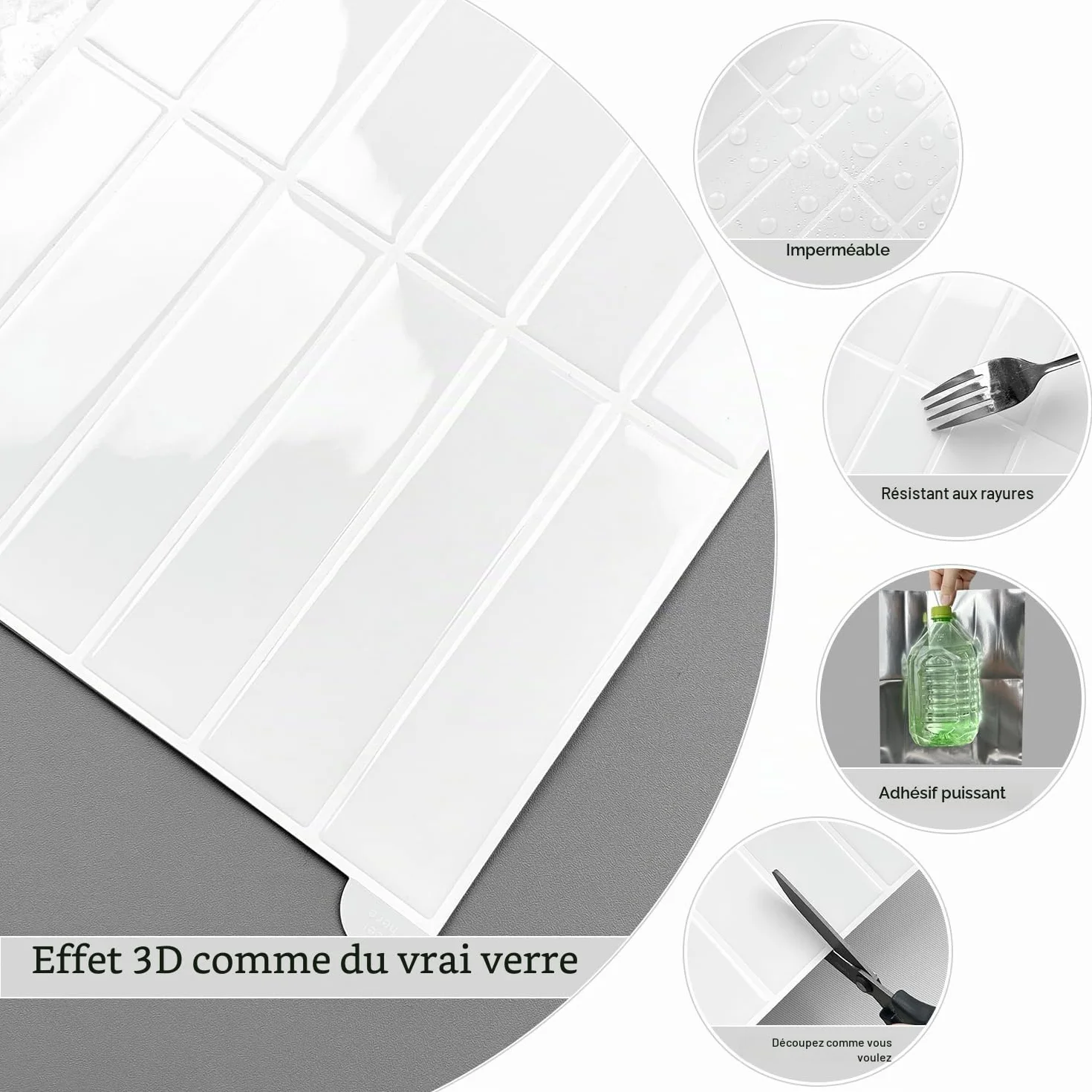 Blanc Carrelage Adhésif Mural Cuisine 3D Credence Adhésif 28x22cm 10feuilles