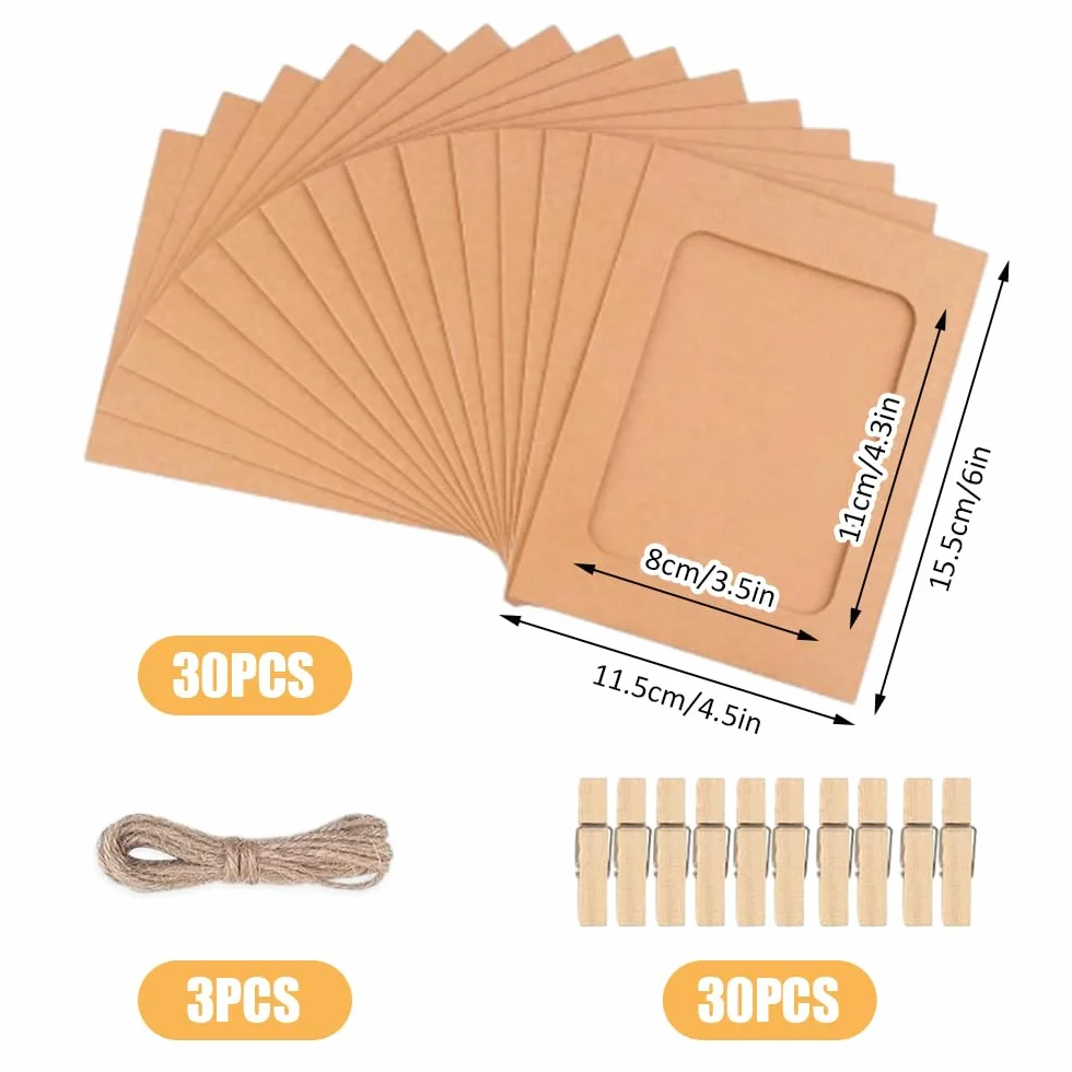 Cadres Photo en Papier Kraft 30 Pièces 15,5 x 11,5 cm Guirlandes avec Pinces en Bois et Corde de Chanvre Décoration Murale Suspendue