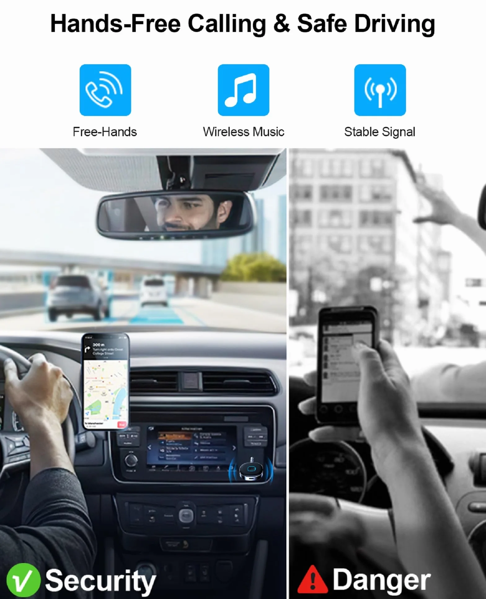 HORJOR AUX Bluetooth adapter samochodowy, odbiornik Bluetooth 5.0, bezprzewodowy adapter Bluetooth do samochodu, słuchawek, rozmowy głośnomówiące, podwójne połączenie, 16 godzin odtwarzania
