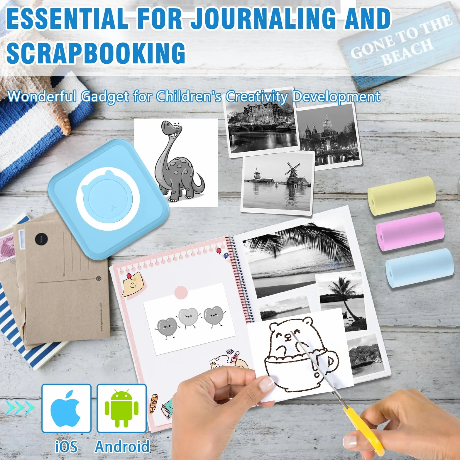 Mini Imprimante Thermique Portable pour Android iOS, Imprimante Photo sans Encre Bleu