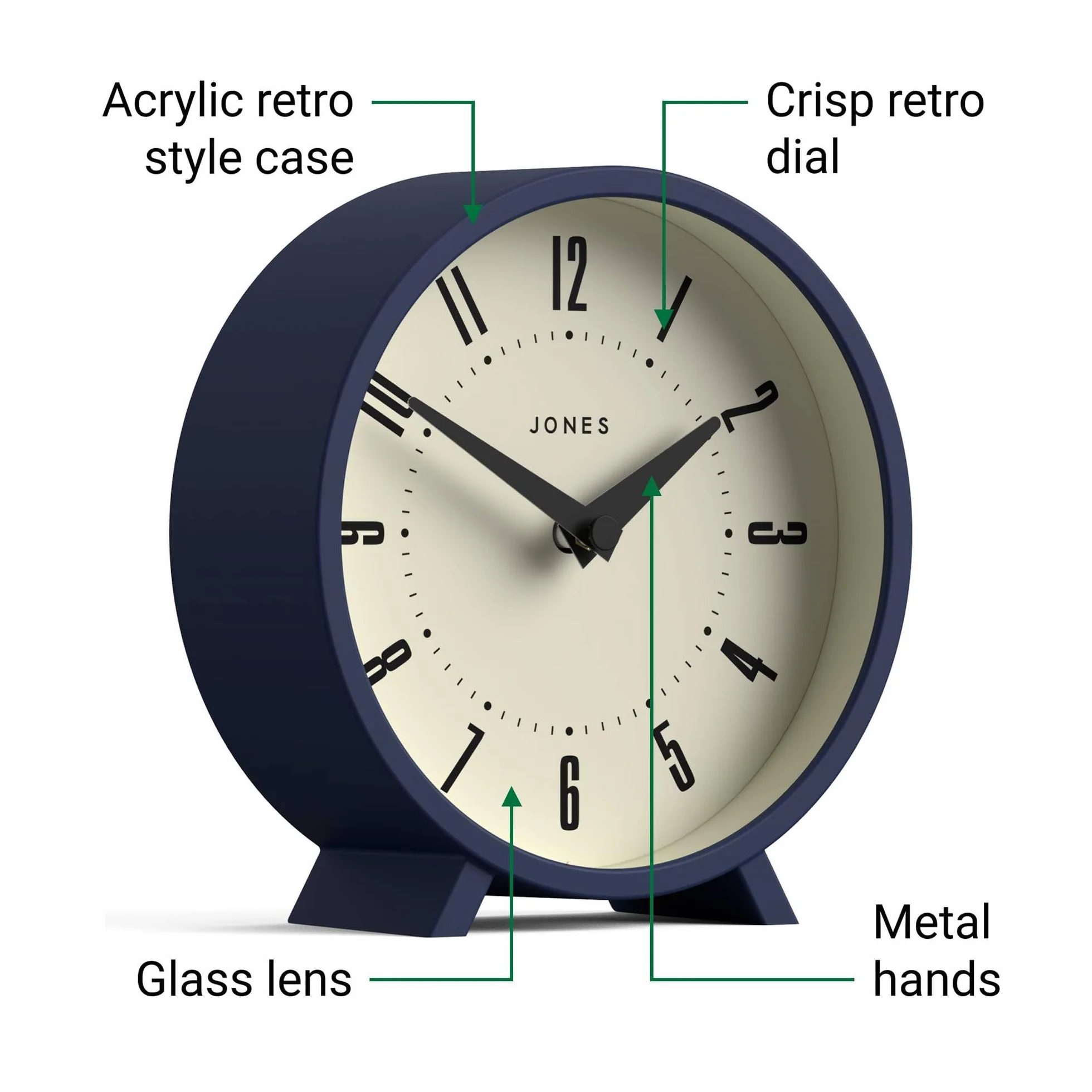 JONES CLOCKS Venus Horloge de Bureau Moderne Ronde Bleu Style Rétro