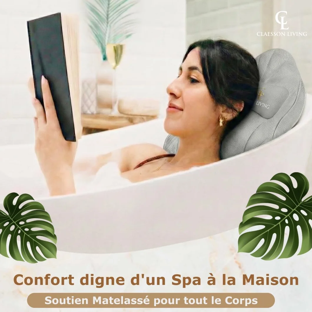 Coussin Baignoire Corps Complet Claessonliving (126x41cm) - Matelas de Bain avec appuie-tête (13cm) & Supports Corps - Coussin Baignoire Adulte - Oreiller Baignoire - Sacs de Lavage Inclus - Gris