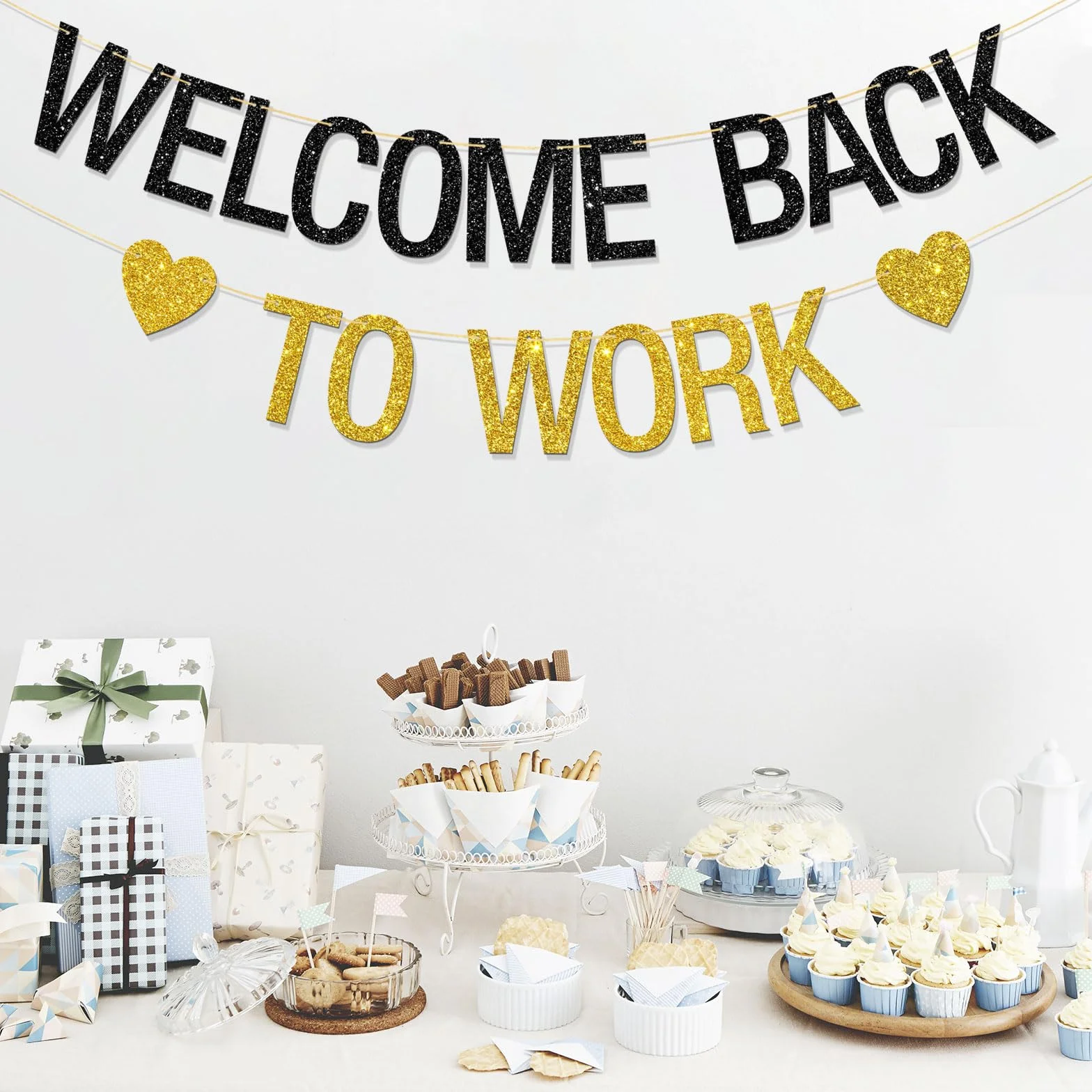 Bannière Welcome Back to Work – Décorations de fête d'anniversaire – Paillettes noires et dorées