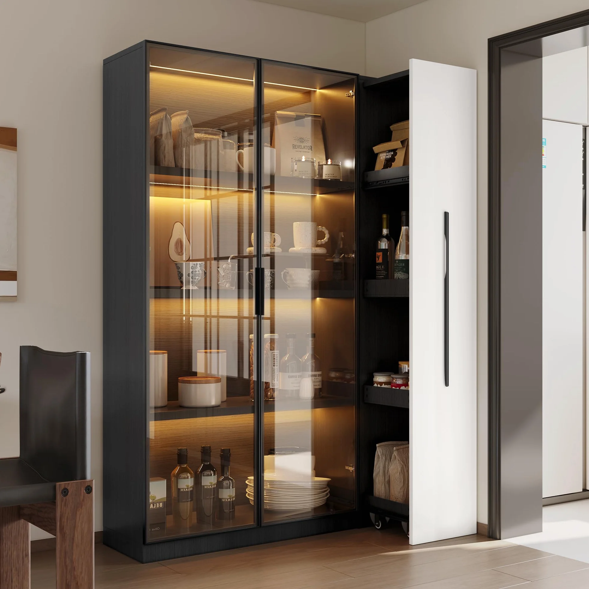 Merax Armoire multifonction 110,5 × 35 × 160 cm, vitrine avec LED, extension latérale, armoire à roulettes, bibliothèque, armoire de salle de bain, pour salon, bureau, salle à manger, noir et blanc
