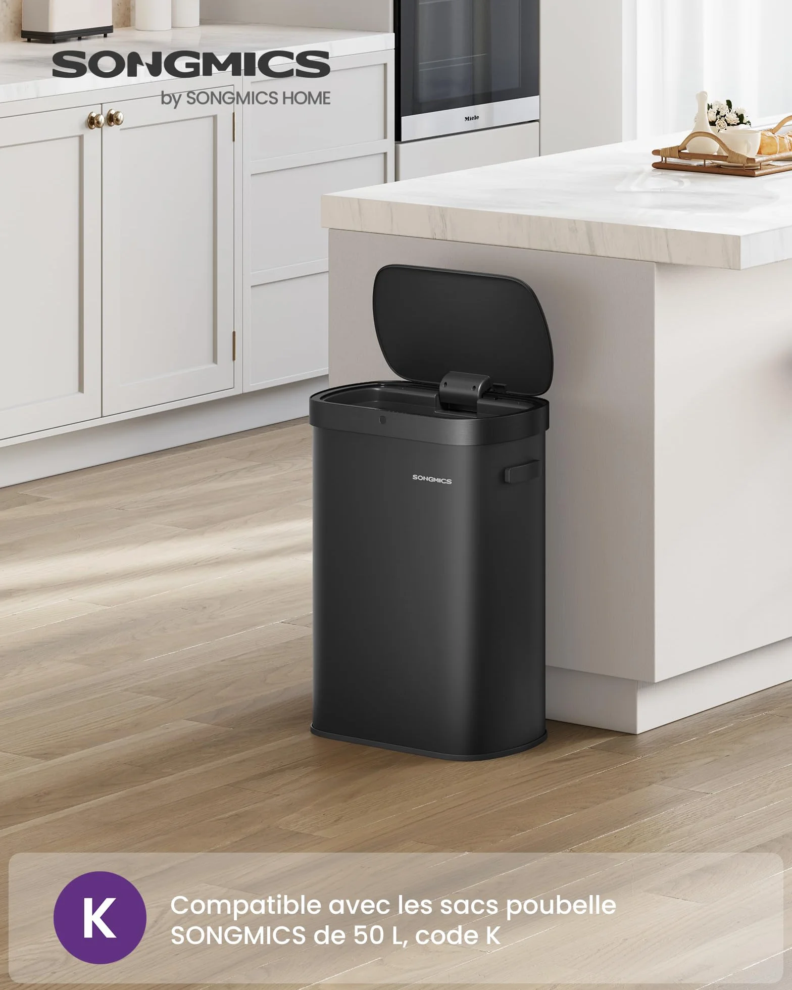 SONGMICS Poubelle de Cuisine Automatique 50 L, Capteur de Mouvement, Acier, Noir d'Encre LTB640B02