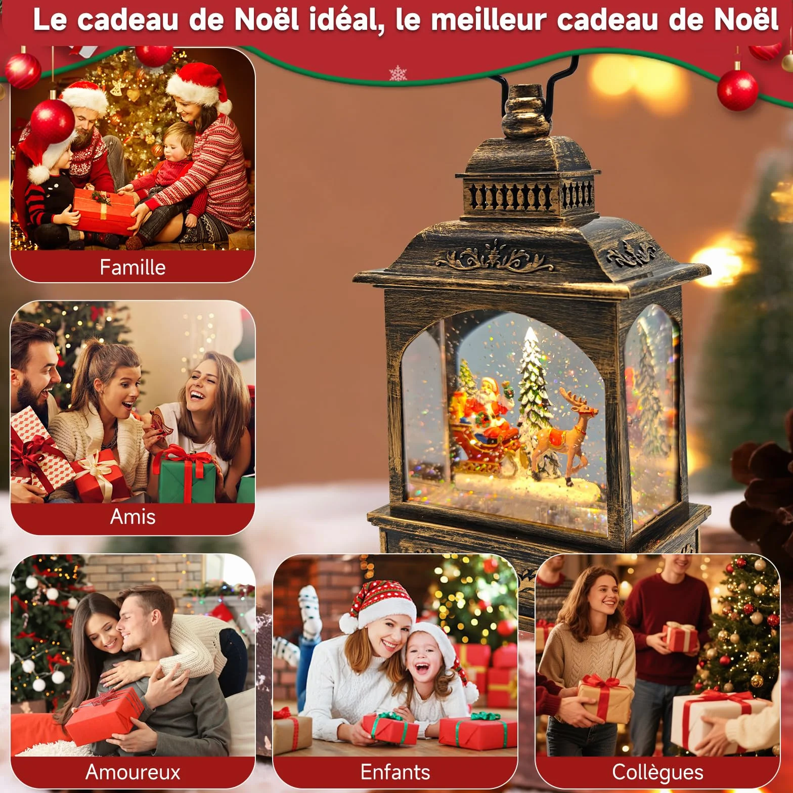 Christmas snow globe lantern with Santa Claus swirling glitter for festive decoration (Père Noël + élan + sapin de Noël)