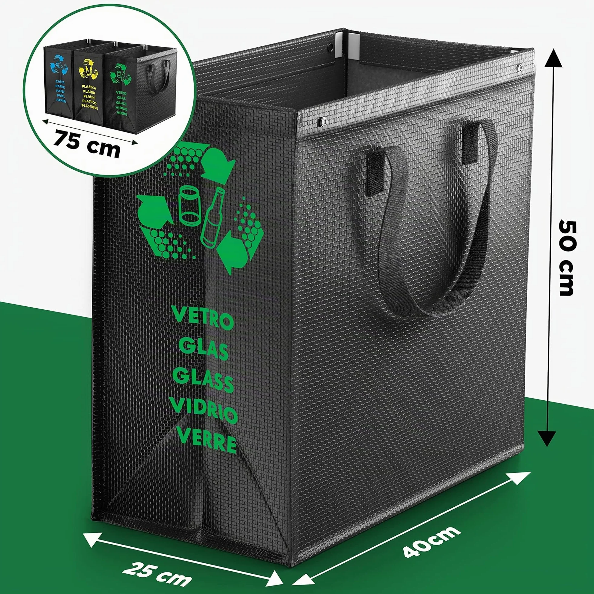 Poubelle tri selectif 3 bac PTMS® - Sac tri selectif pour verre papier plastique - Déchets recyclage facile à vider