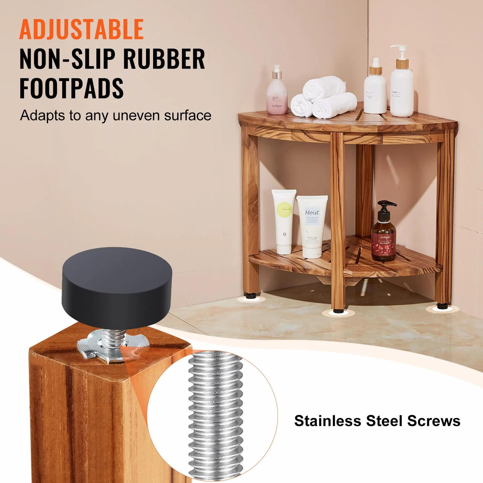 VEVOR Banc de Douche d'angle, Hauteur 47 cm, Rayon 39,2 cm, Tabouret en Teck, Capacité de Charge 227 kg, avec Étagère de Rangement, pour Douche Intérieure et Extérieure, Coin, Salle de Bain, Salon