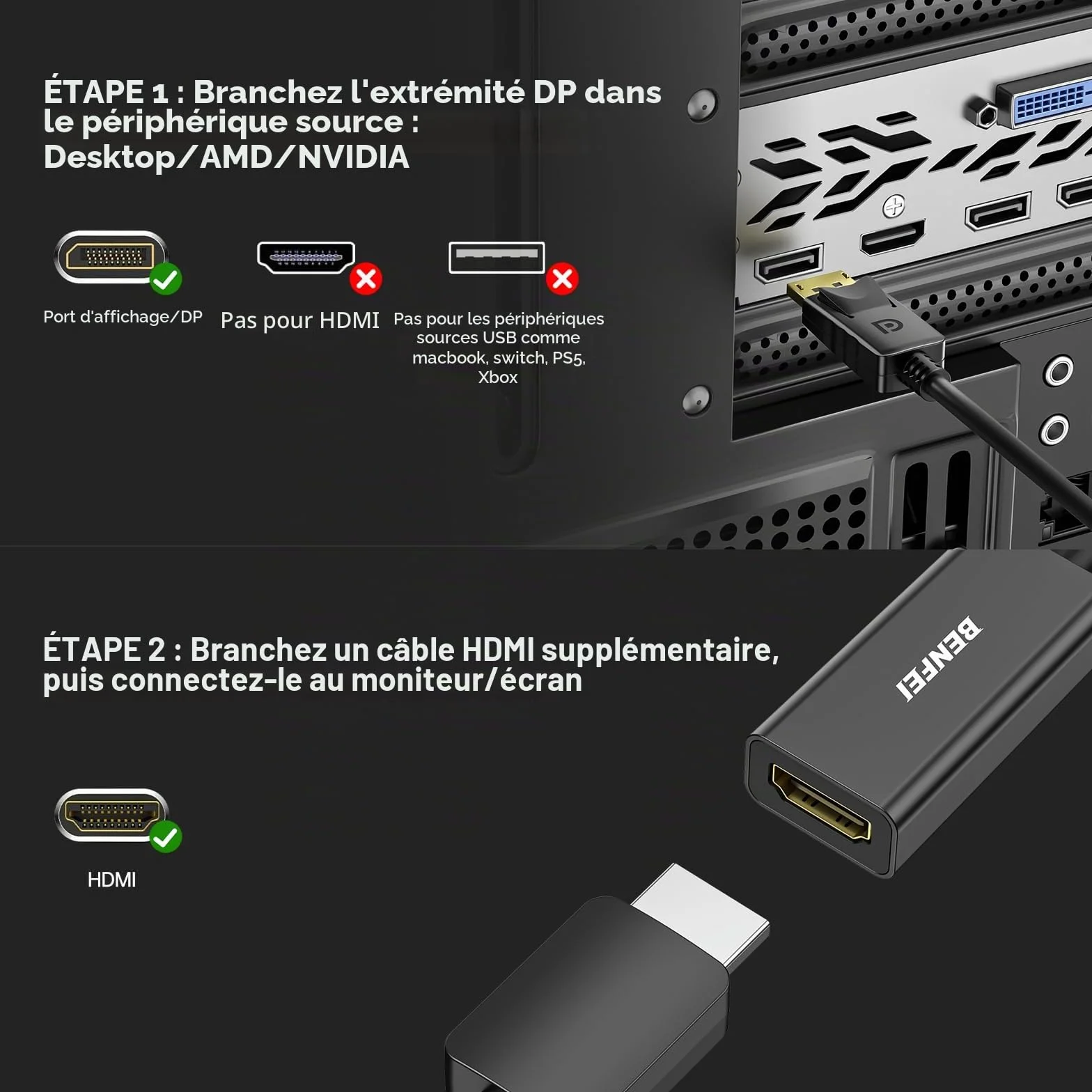 BENFEI Adaptateur DisplayPort vers HDMI mâle femelle 4K Audio