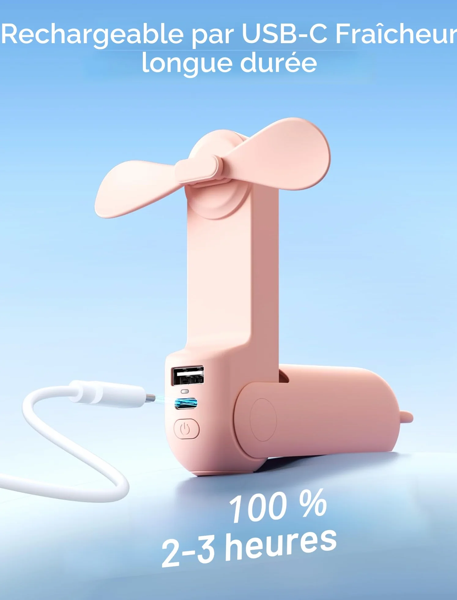 JISULIFE Mini portatif ventilateur à main 3 en 1 rechargeable avec batterie externe et lampe de poche rose