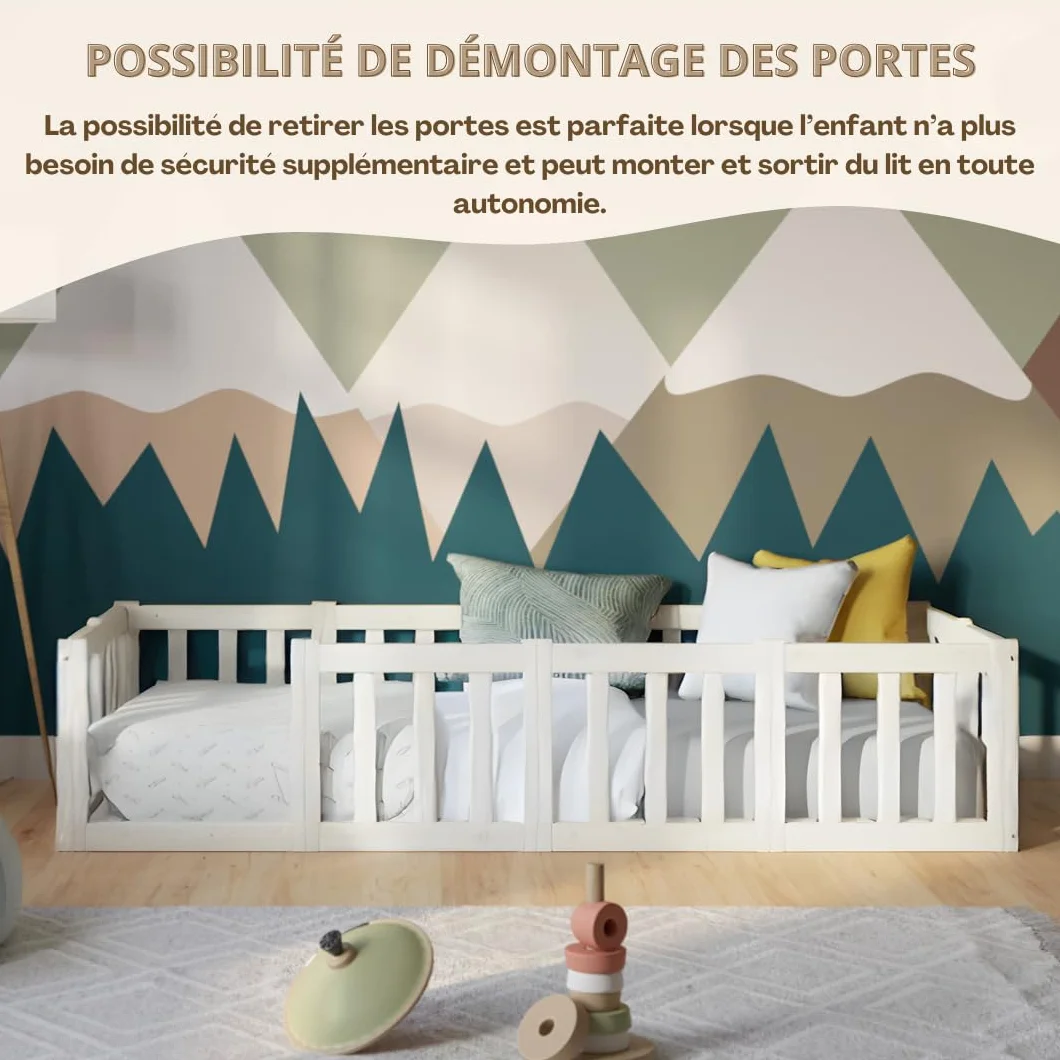 Lit Enfant 180x140 cm – Lit Montessori au Sol avec Barrière 40 cm et Barrière Amovible - Bois Blanc avec Surface Lisse - Parfait pour Garçons et Filles Crazy Johnny