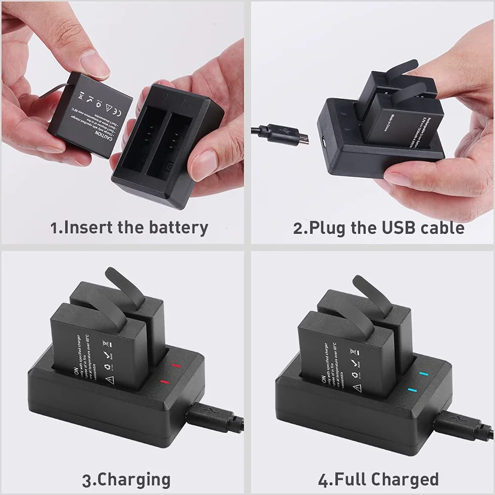 Akumulator 1350mAh (3-pak) z ładowarką do AKASO Brave 7LE(Nie do Brave 7), WOLFANG GA400/GA420/GA460, Rollei 6s Plus/8s Plus/9s Plus/10s Plus/11s Plus, XTU S3/S6, Surfola SF630