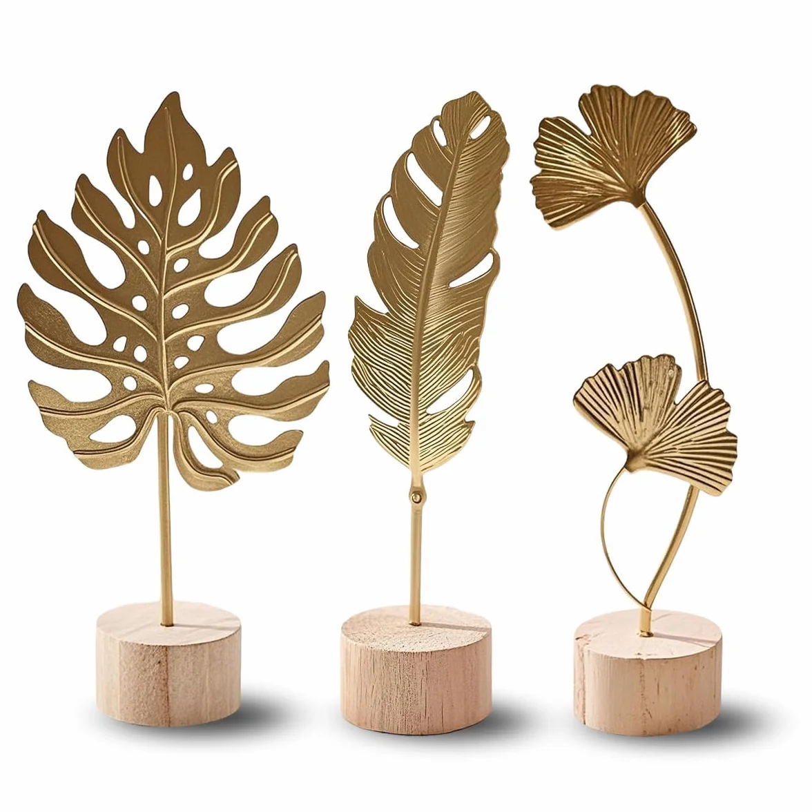 Décorations murales Set de 3 Sculptures Ginkgo Monstera Plume Métal Doré Socle Bois Décoration Intérieur Salon Bureau