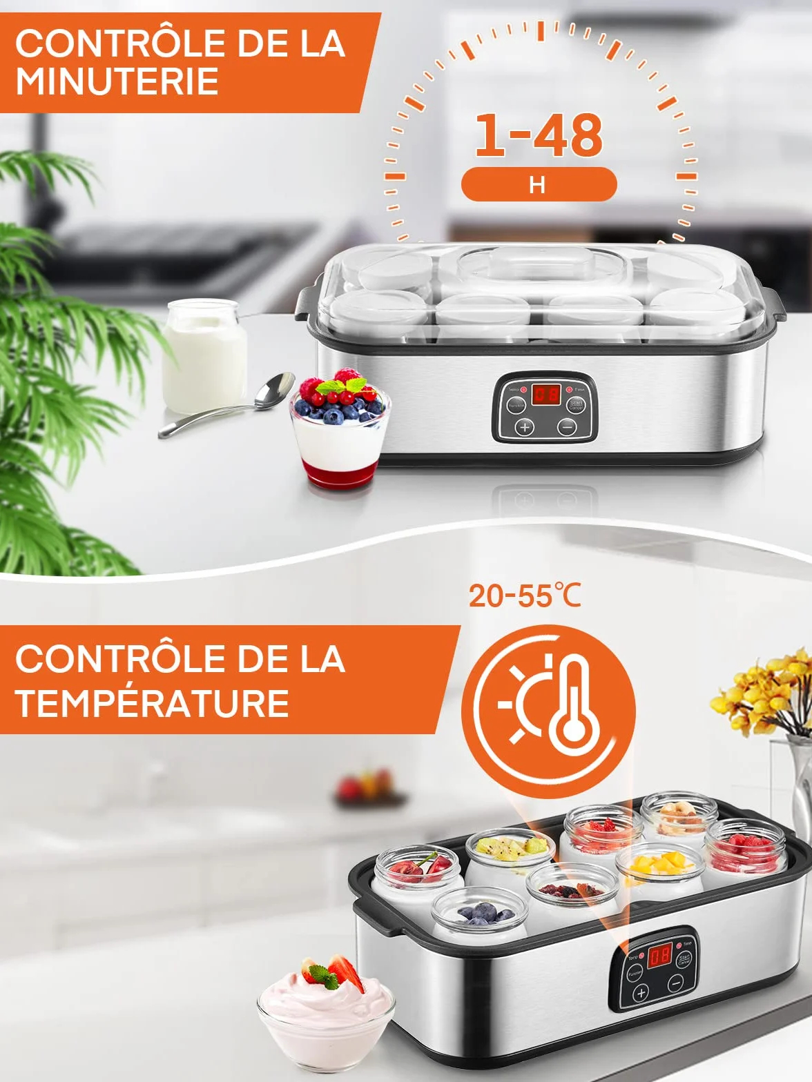 Yaourtière 8 Pots, 180ml Pot en Verre avec Couvercle, Yaourtière avec Écran Numérique, Thermostat Réglable et Minuterie, Arrêt Automatique, Idéal pour Famille et Yaourts Faits Maison