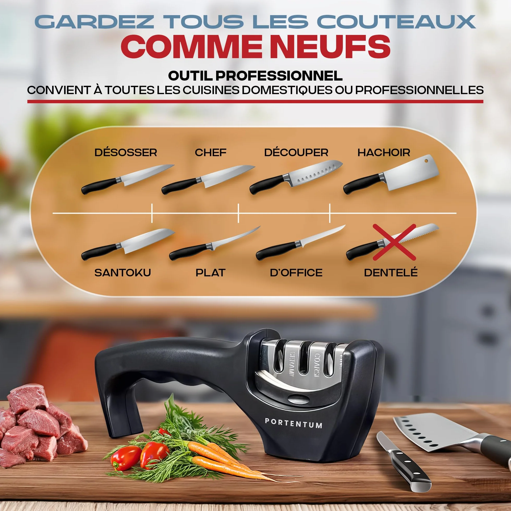 PORTENTUM Professionnel Aiguiseur Couteaux Manuel 3 Phases Cuisine