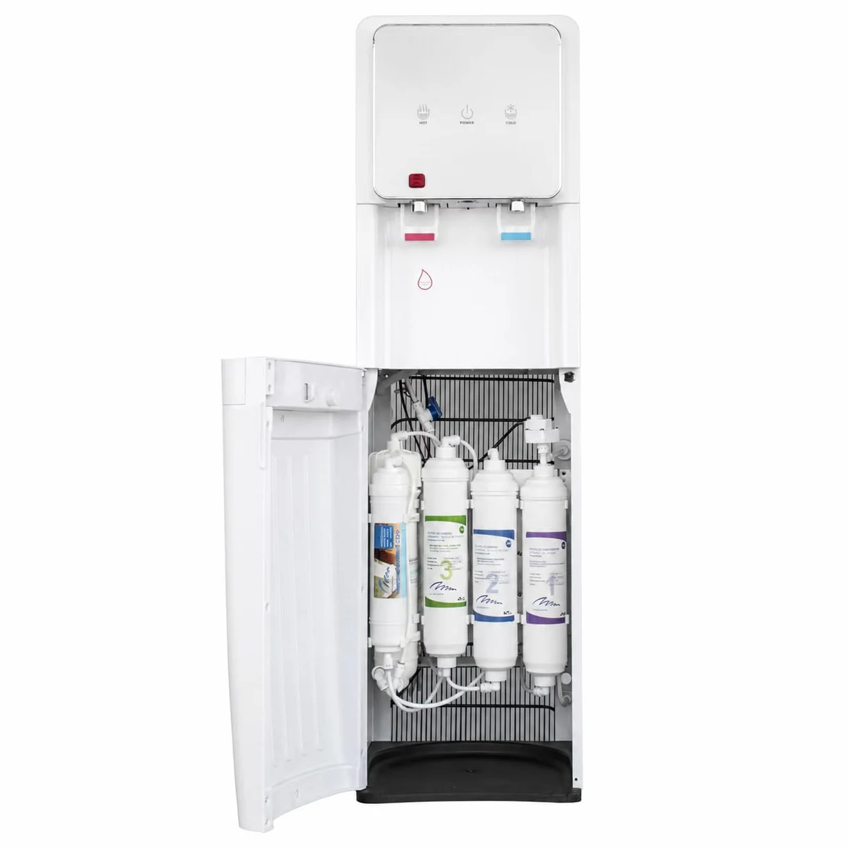 Fontaine à Eau à Osmose Inverse à 5 étapes. Modèle : Refroidisseur Blanc Eco-Standard RO 2T. Filtres en Ligne Standard. Distribution d'eau Froide et Naturelle ou Froide et Chaude.