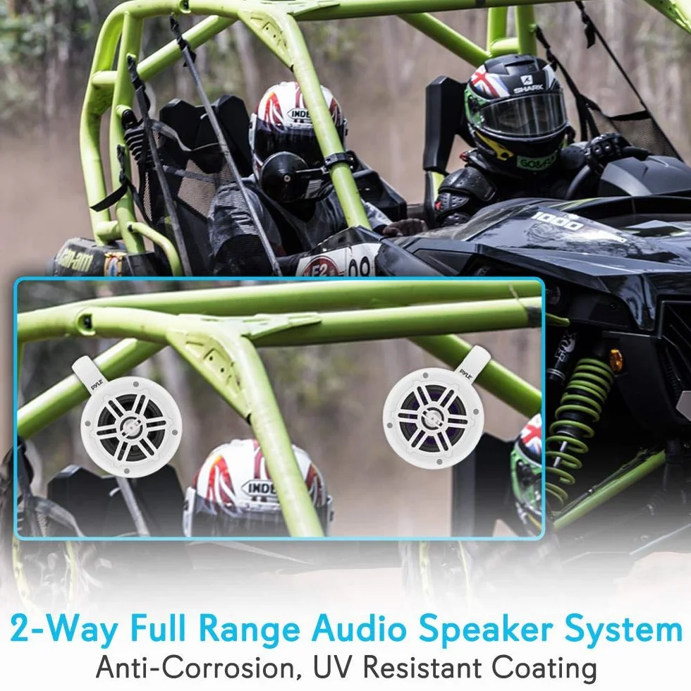 Waterproof Marine Wakeboard Tower Speakers - 4 Inch Dual Subwoofer Speaker Set with 300 Max Power Output - Boat Audio System Kit w/Titanium Dome Tweeters & Mounting Clamps - Pyle PLMRWB45W (White)