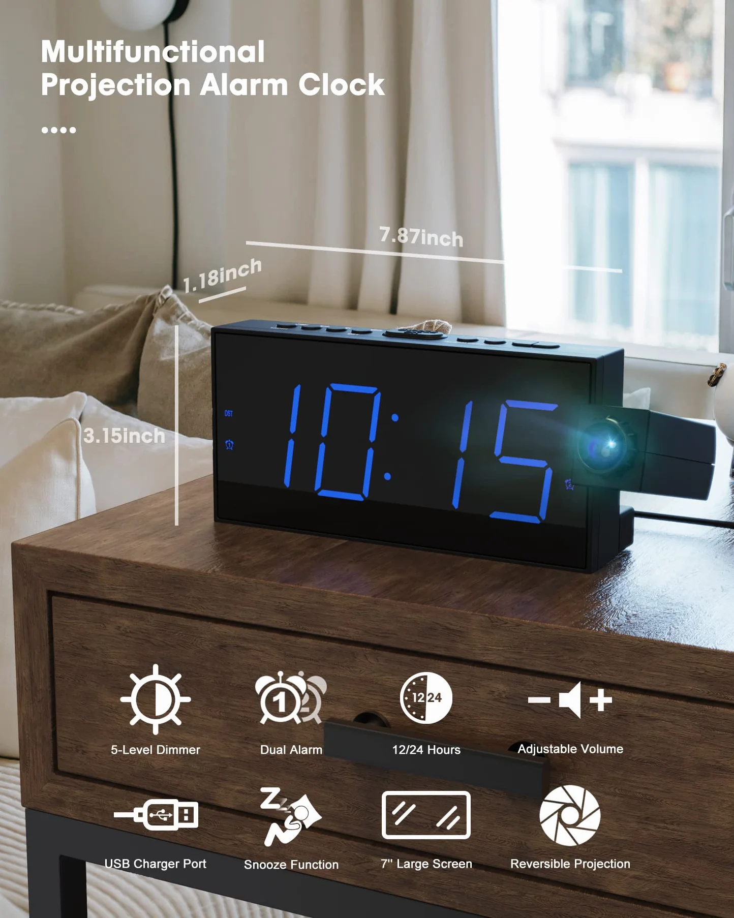 ROCAM Réveil Projecteur Plafond, Horloge Projection, Grand Écran, 5 Niveaux Luminosité Réglable, Snooze, DST