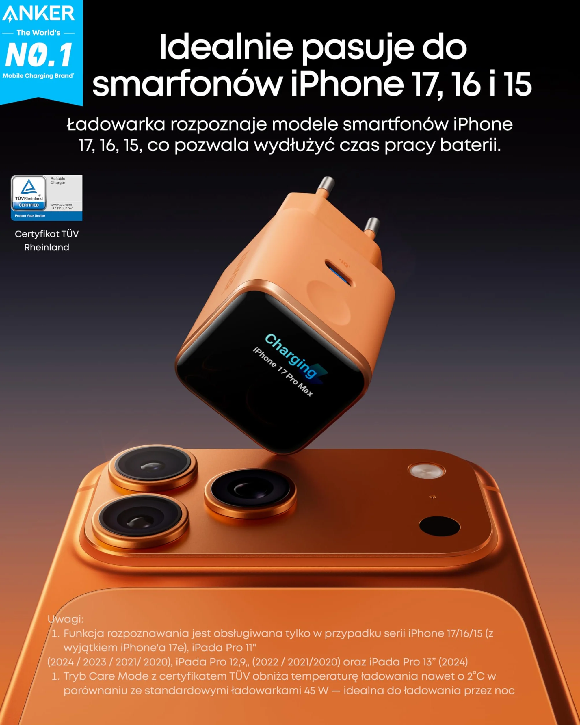 Ładowarka Anker Nano 45 W USB-C, zasilacz 45 W z wyświetlaczem Smart Display, funkcją inteligentnego wykrywania i wbudowanym trybem oszczędzania energii, do iPhone'a 17/16/15 (bez baterii, bez kabla)