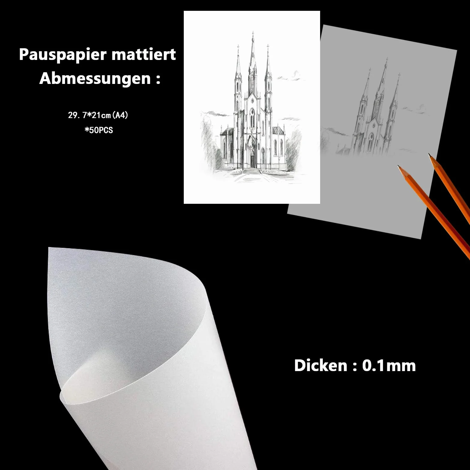 Papier Calque 130 g/m² DIN A4 50 Feuilles Blanc Transparent pour Dessin Patron Couture