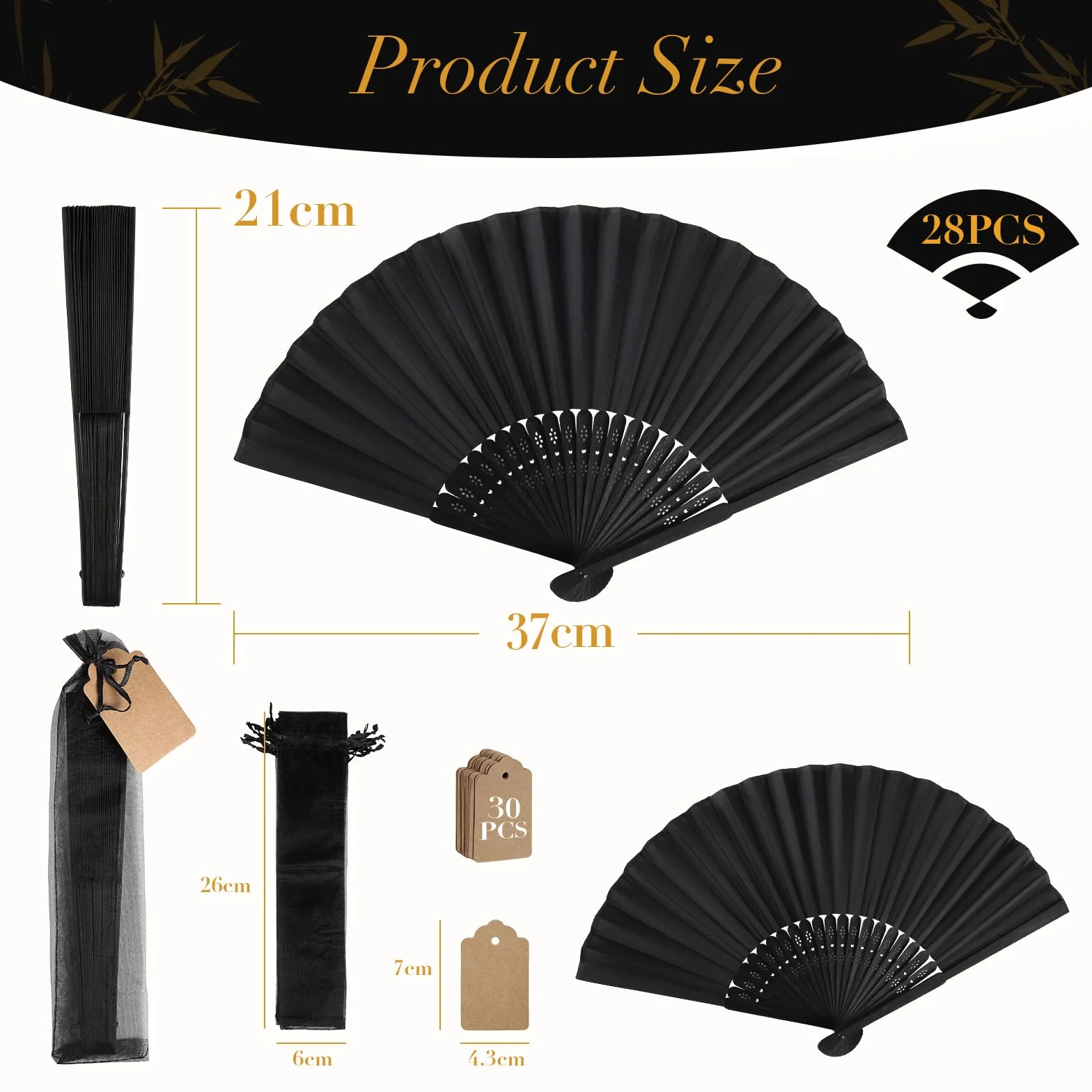 SWAWIS 28 Pièces Éventails Pliants Noir, Ventilateur en Tissu avce 30 Sacs en Organza & Cartes de Remerciement, Eventails Mariage Pliable pour Baptêmes Décorations de Fêtes DIY