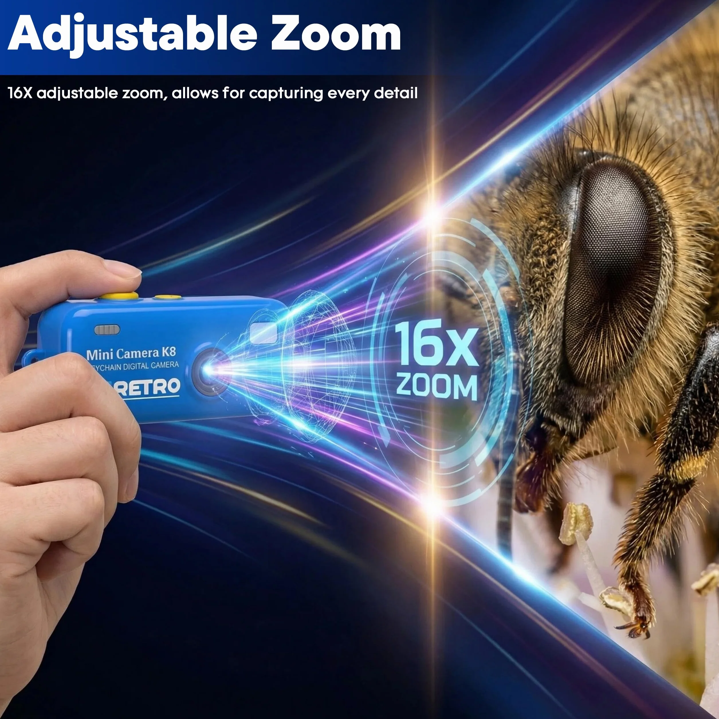 Aparat Cyfrowy na Breloku KoveYzao, Mini Aparat 1080P z Kartą 8 GB, Nagrywanie Zdjęć i Filmów, 12 Filtrów oraz Zoom 16X, Aparat 64 Megapikseli dla Początkujących, Nastolatków i Dorosłych (Niebieski)