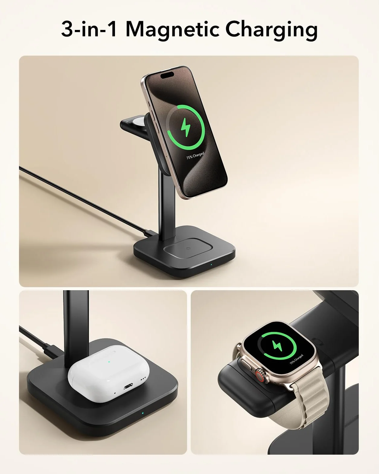 ESR Qi2 stacja ladujaca 3 w 1 do Apple, certyfikowana stacja ladujaca MagSafe do iPhone 17/16/15/14/13/12, Apple Watch i AirPods 4, czarna