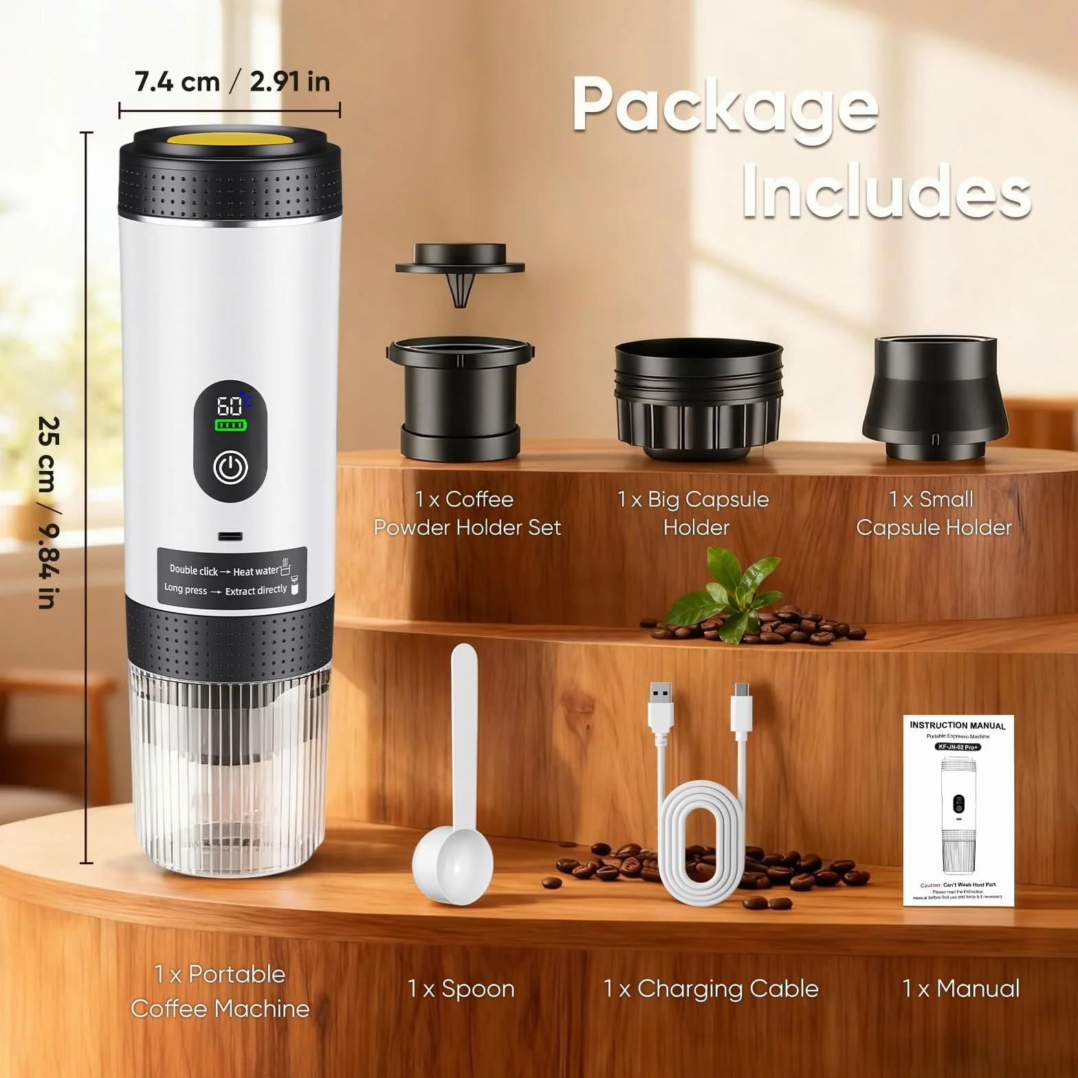 Machine à espresso portable 3 en 1, cafetière à batterie 20bars, mini machine à café nomade avec USB, écran LED, compatible café moulu et capsules (Sans boîte de rangement - Blanc)