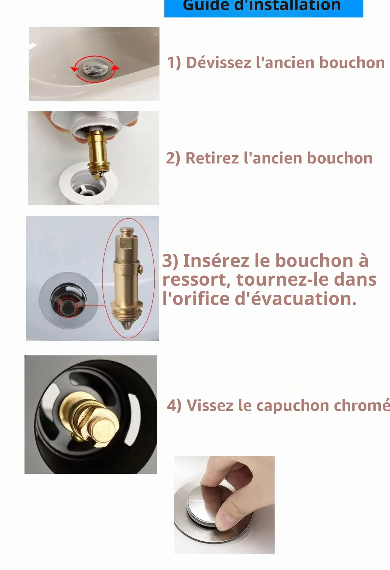 Bouchon Pop-up de Baignoire Argenté 69mm en Métal Chromé, Clique-Clac à Ressort