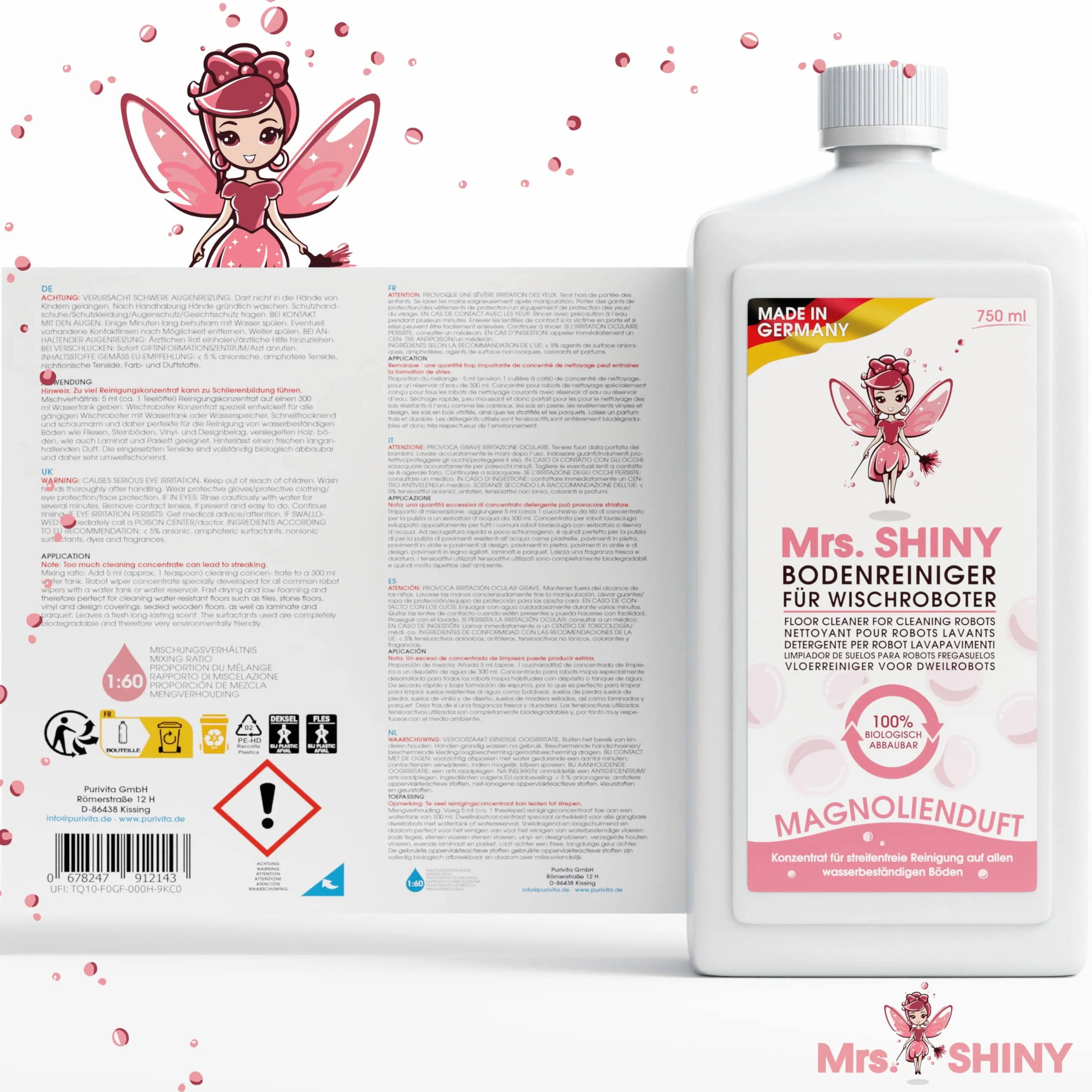 Mrs. SHINY Détergent aspirateur laveur parfum magnolia nettoyant sol robot 750 ml