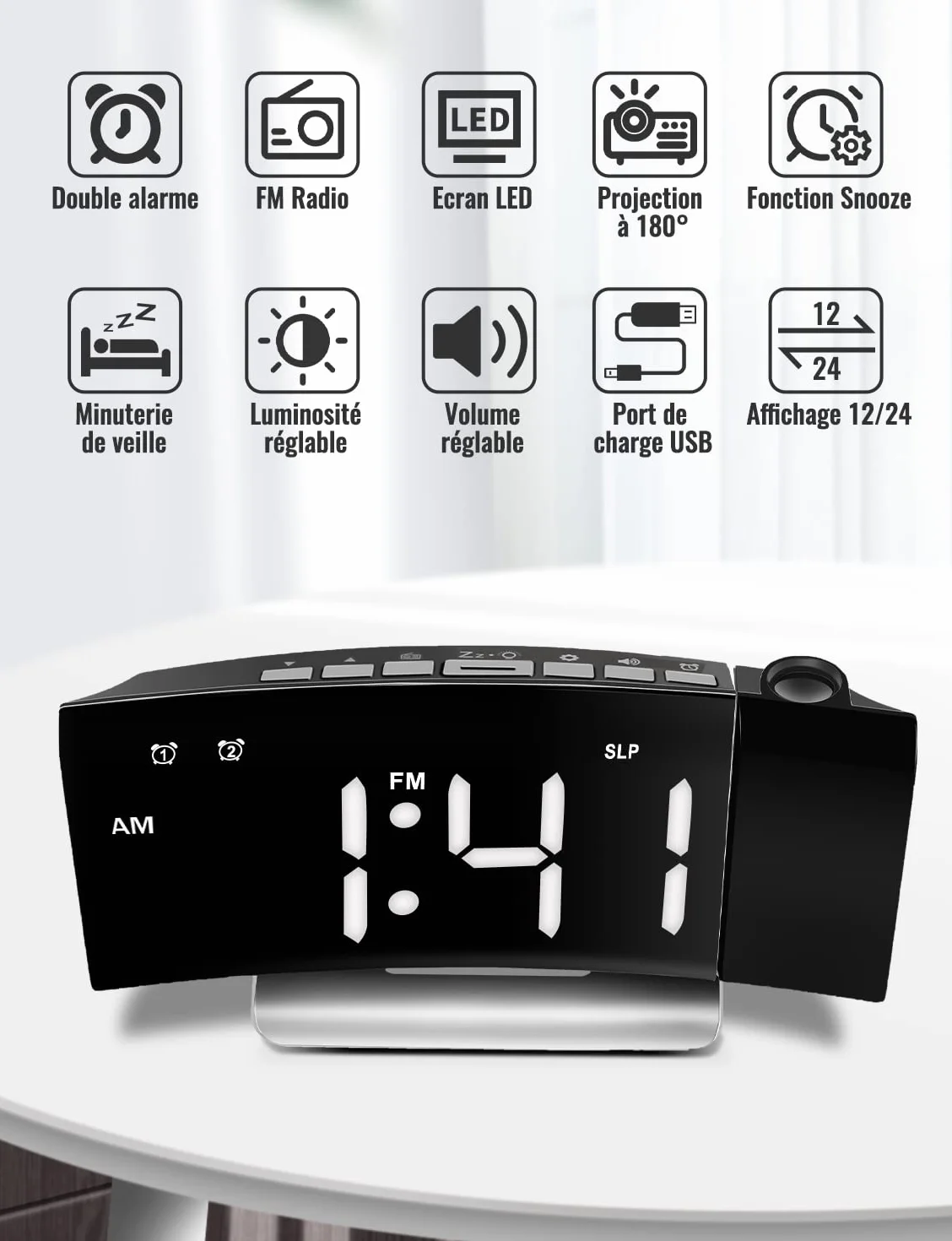 Radio Réveil Projecteur Plafond 4 Luminosité Écran 3 Projection Réglable Double Alarme Snooze Réveil Numérique Chambre