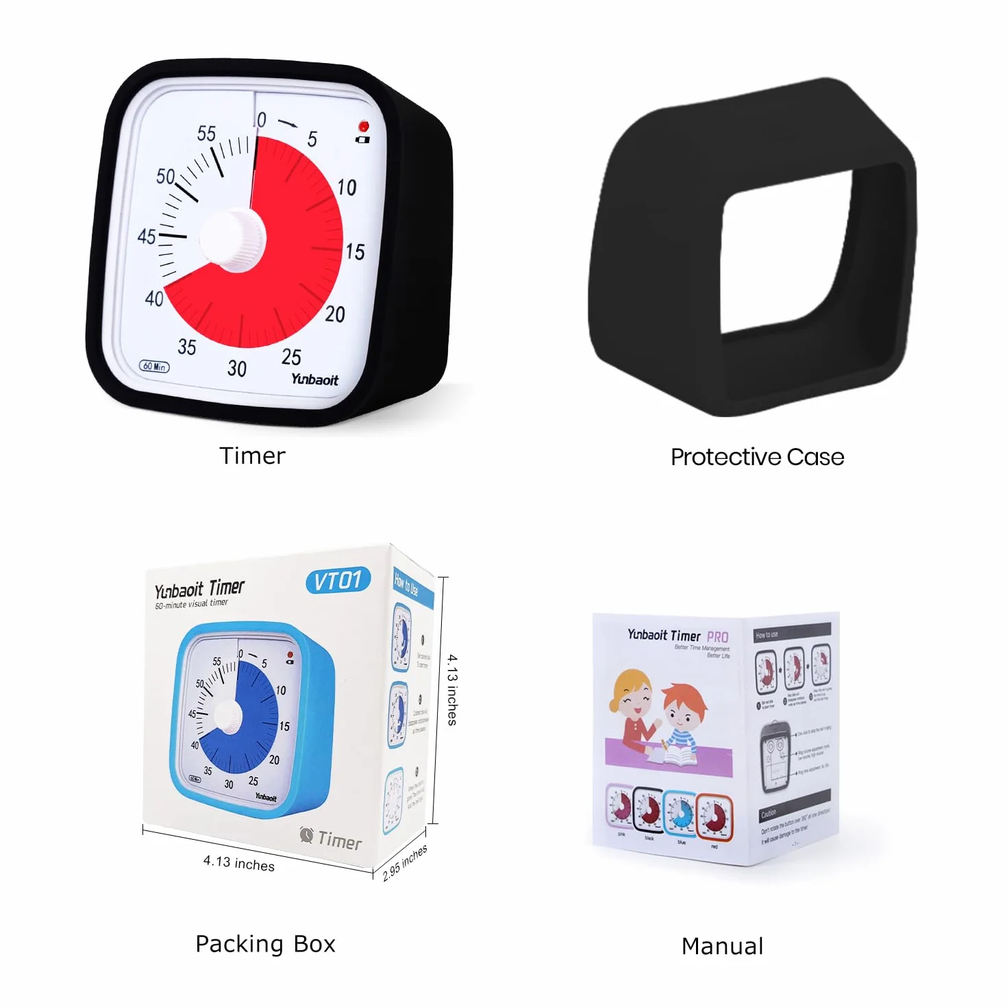 Yunbaoit Minuteur Visuel 60 Minutes Compte à Rebours avec Étui de Protection Rappel Batterie Faible Gestion du Temps Silencieux Noir