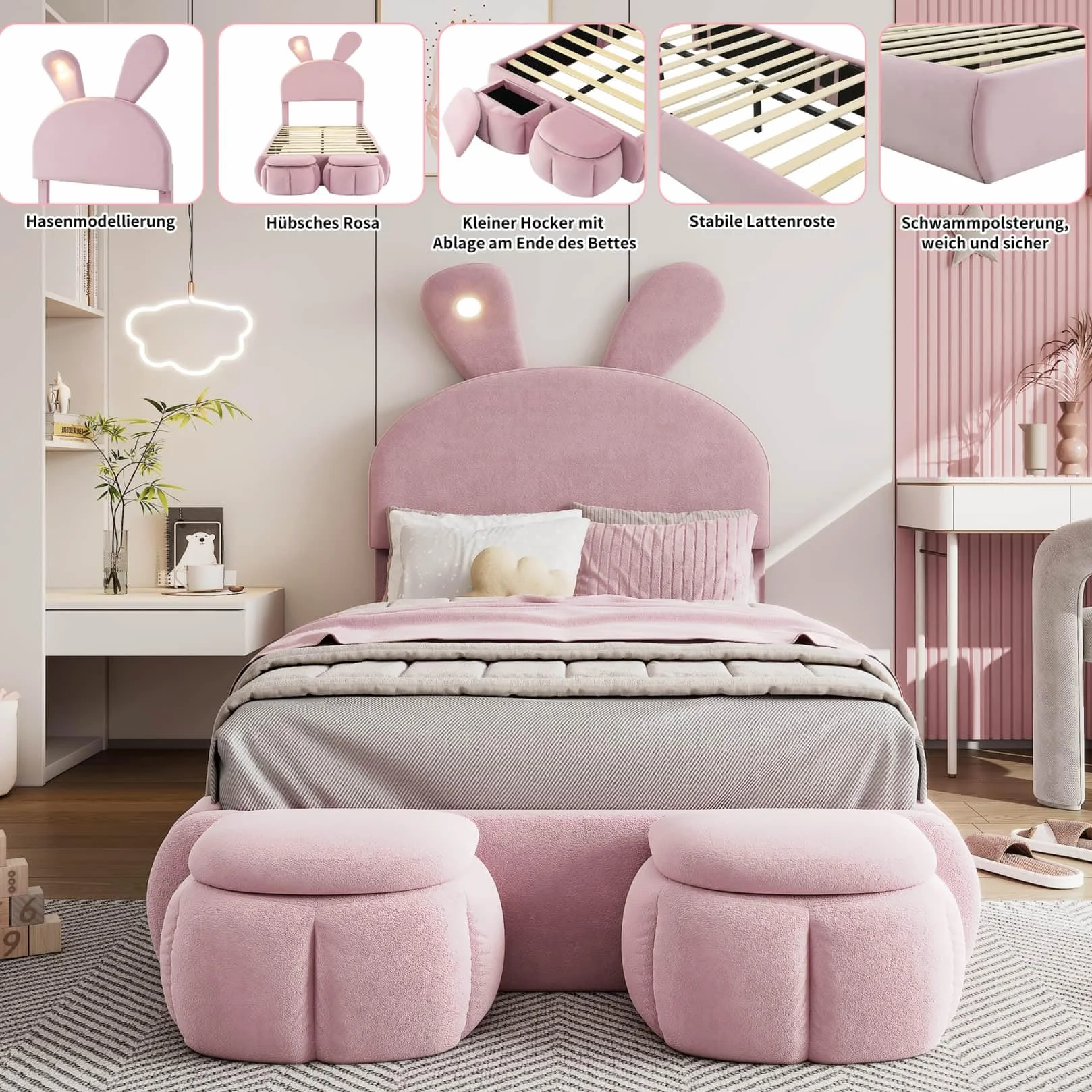 PUGSDRLY Lit Enfant 90x200 cm Lapin,Lit Une Place Rembourré avec LED Réglable,2 Bancs de Rangement,Tête Réglable,Sommier à Lattes,pour Filles,Garçons,Velours(Rose, 90x200)