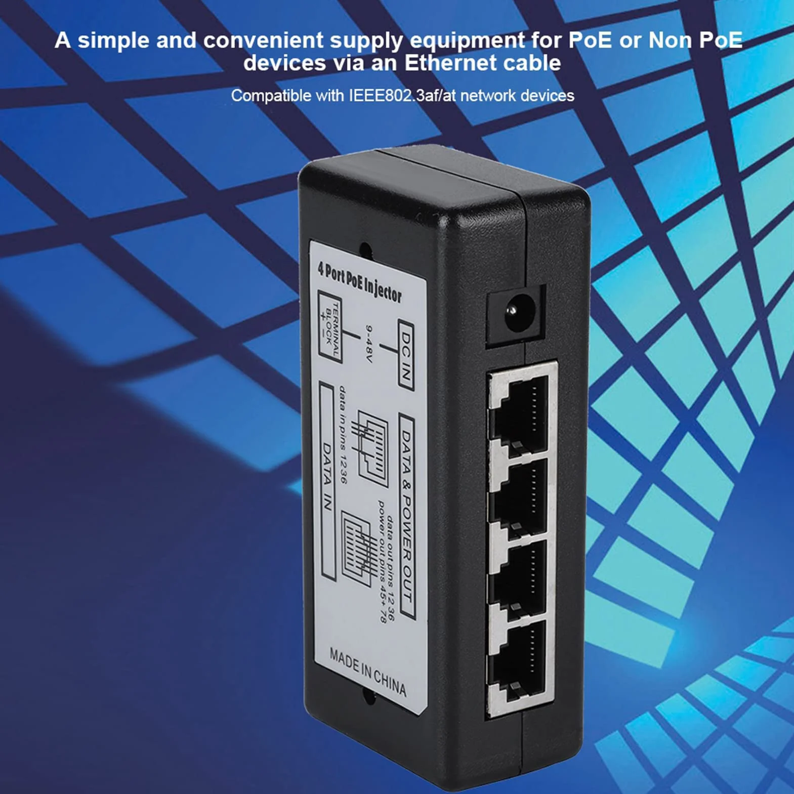 12-48V 4-portowy adapter zasilacza POE, 4-portowy wtryskiwacz zasilania Ethernet PoE przełącznik biurkowy do kamery IP, kompatybilny z międzynarodowymi standardami