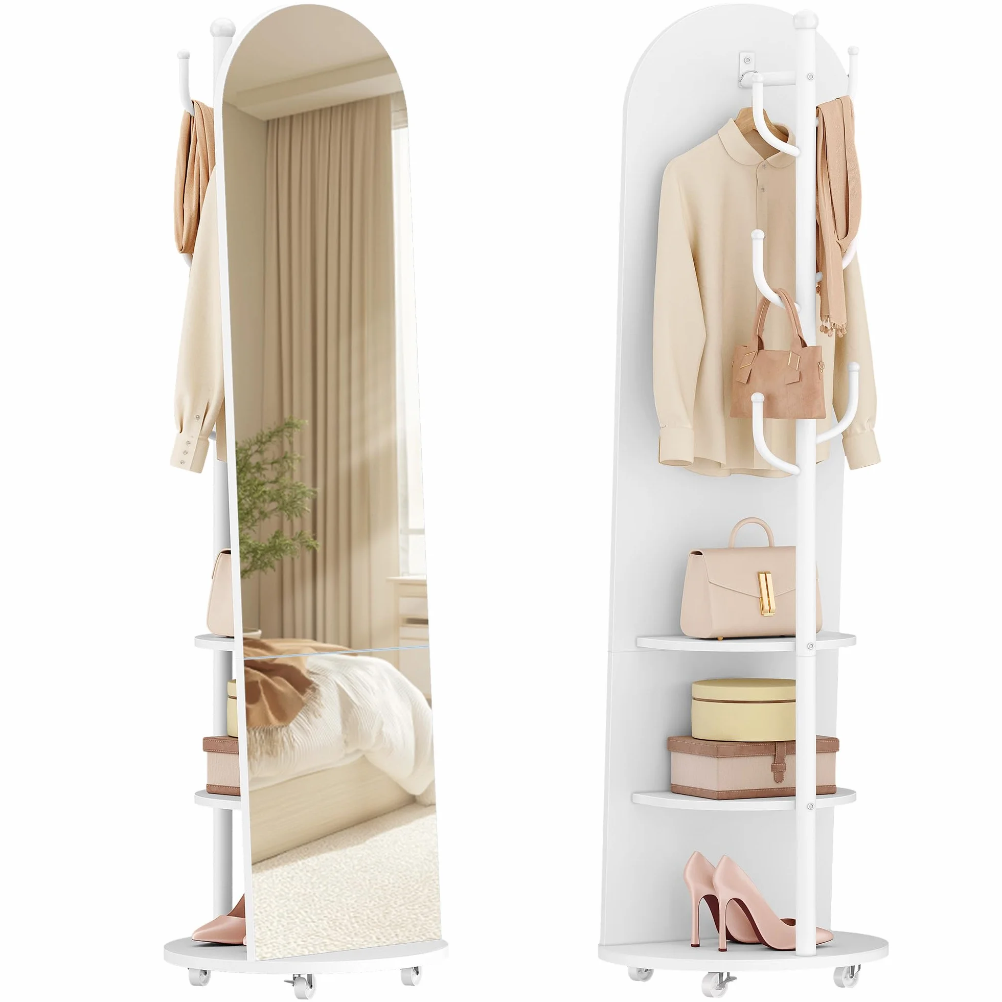 Miroir sur Pied 163 x 45 cm avec Roues Pivotantes et Porte-Manteau, Verre Trempé Blanc