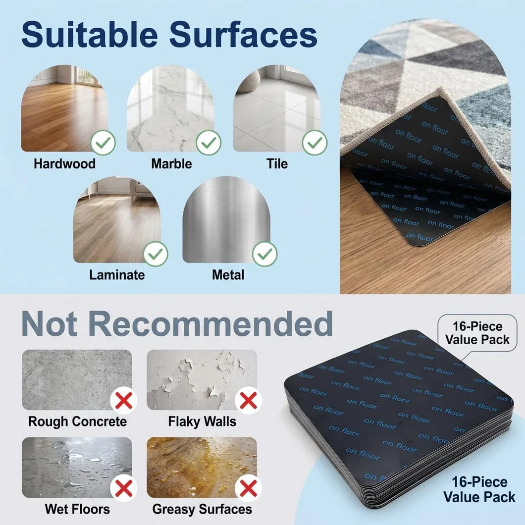 Antidérapant Tapis Lavable 16 Pièces Double Face Patins Antidérapants Réutilisables pour Carrelage Parquet Sol Dur Autocollants Anti Glisse Coins de Tapis
