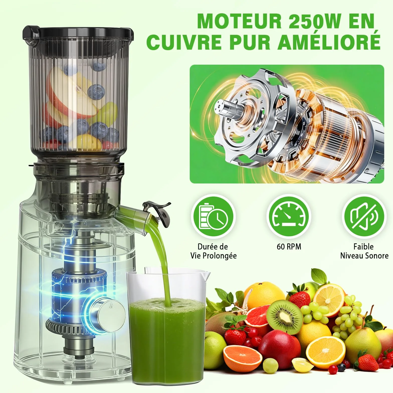 Extracteur de Jus de Fruits et Légumes, Centrifugeuse extracteurs de Jus à Froid, avec Goulotte XXL 130MM et Capacité de 2L, Rendement Élevé de 90%, Inclut Brosse de Nettoyage