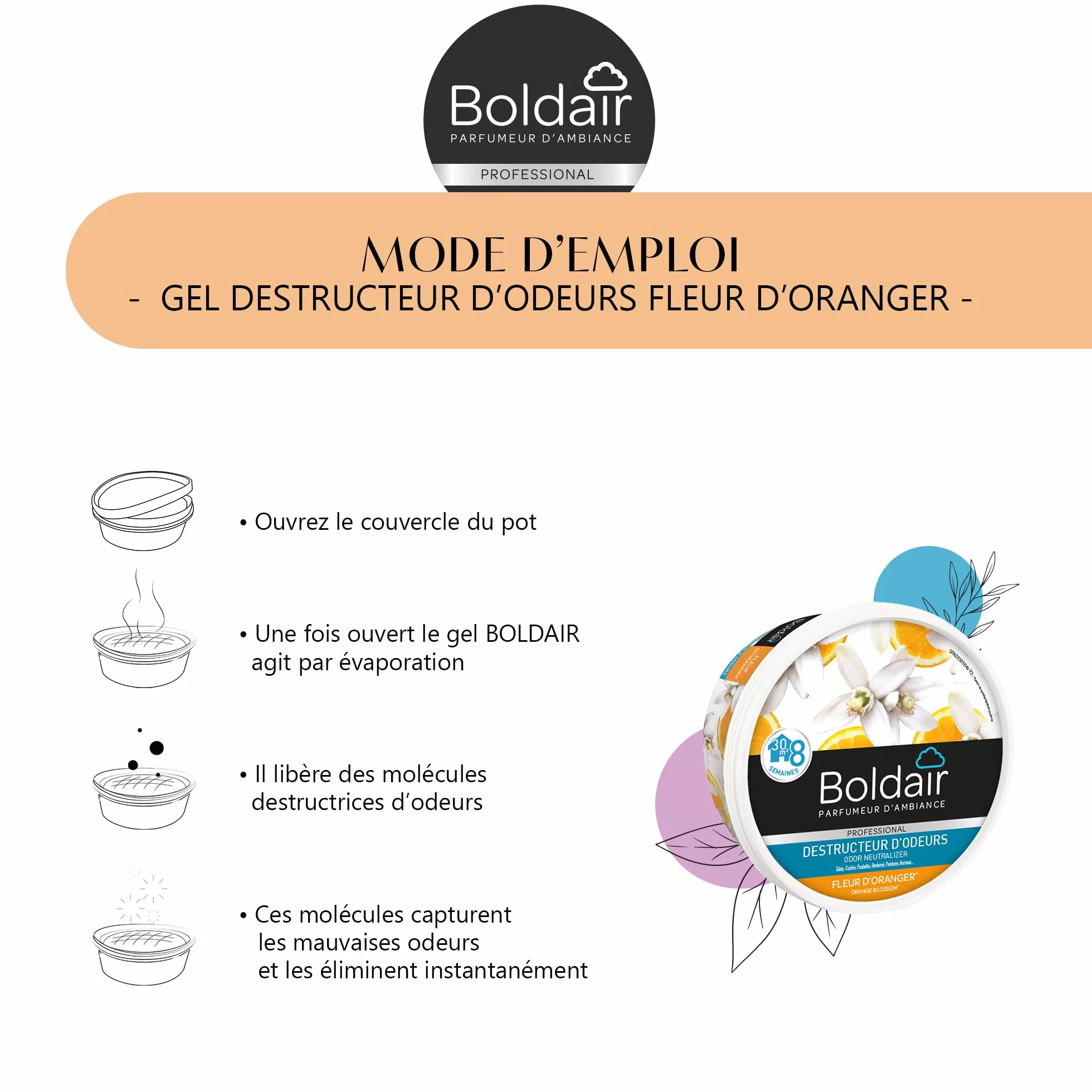 BOLDAIR Gel destructeur d'odeur Fleur d'Oranger 300g Fabrication française