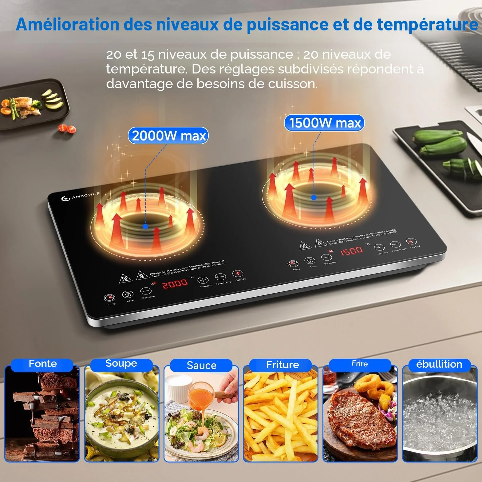 AMZCHEF Plaque Induction 2 Feux, Plaque Induction Portable 2 Feux 3500W avec Commandes Indépendantes, 20 Niveaux de Température, Plusieurs Réglages de Puissance, IGBT Amélioré, Minuterie 4 Heures