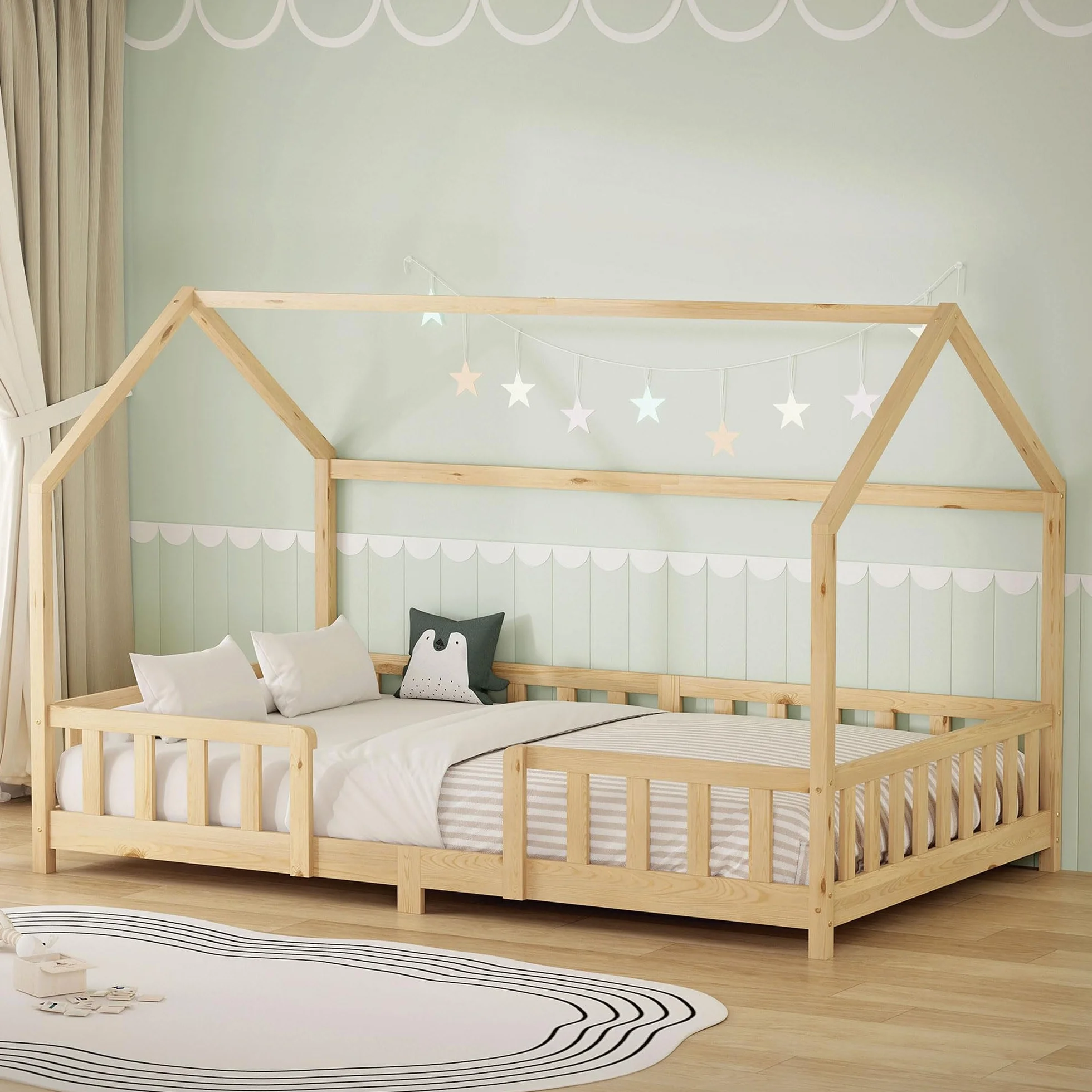 ML-Design Lit Cabane Enfant 120x200 cm Naturel (Beige) en Bois avec Protection Étendue Anti-Chute, Toit et Sommier à Lattes, Style Maison, Couchage Maisonnette Lit Double pour Adolescent Fille Garçon