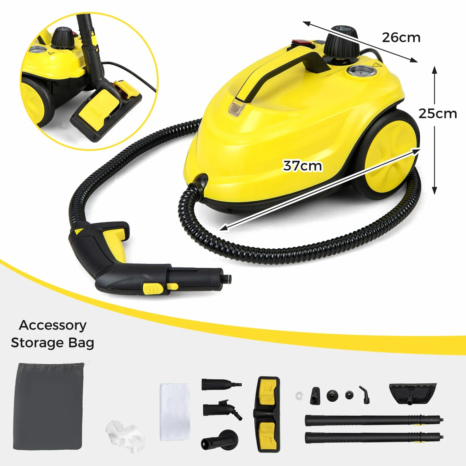 SOARS Nettoyeur Vapeur Puissant 2000W,14 Accessoires, Pression Max 5 Bar, Temp. 160°C, Chauffe Rapide 8 Min, Réservoir 1.8L, Pour Sol, Canapé, Cuisine, Surface 108 m² (Jaune)