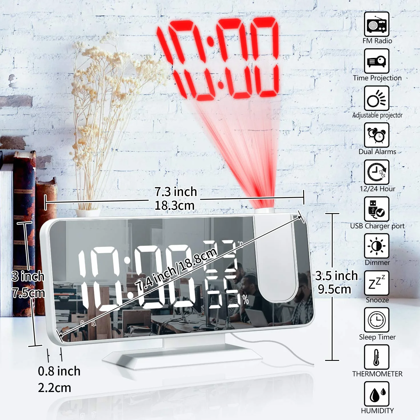 Réveil à Projection Horloge Numérique avec Radio Snooze Variateur Grand écran Projecteur 180°
