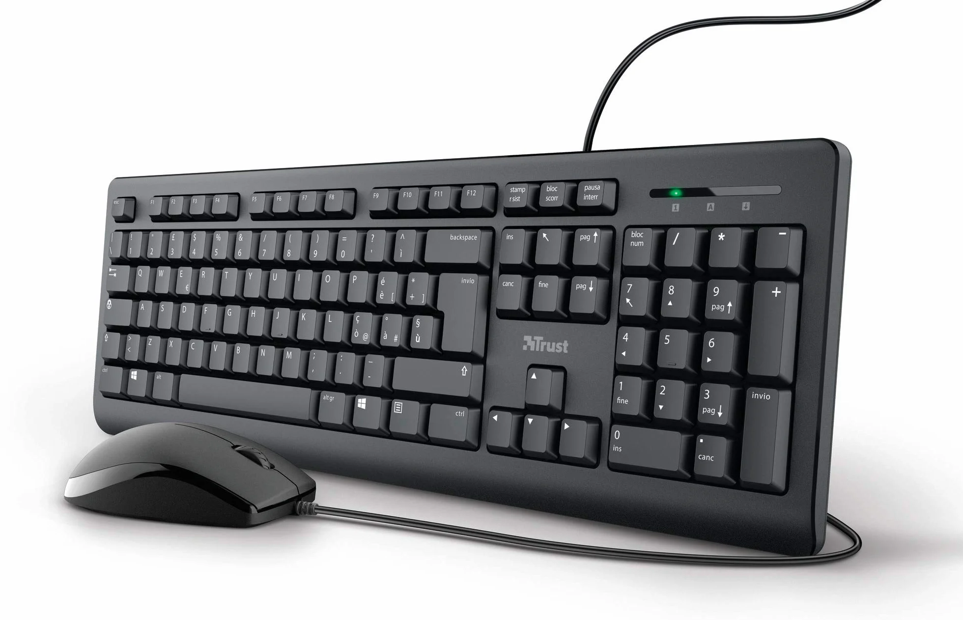 Trust Taro klawiatura i mysz USB, przewodowa, włoski układ QWERTY, do komputerów stacjonarnych/laptopów/notebooków Mac/Windows, kabel 1,8 m, odporna na działanie płynów klawiatury, ergonomiczna,