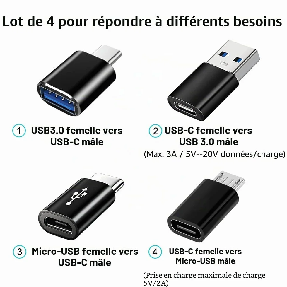Lot de 4 Adaptateurs USB C vers USB 3.0 OTG, Micro USB vers USB C Compatible MacBook Pro Air iPhone 17 16 15 iPad Samsung Galaxy S25 S24 S23 A56 A16
