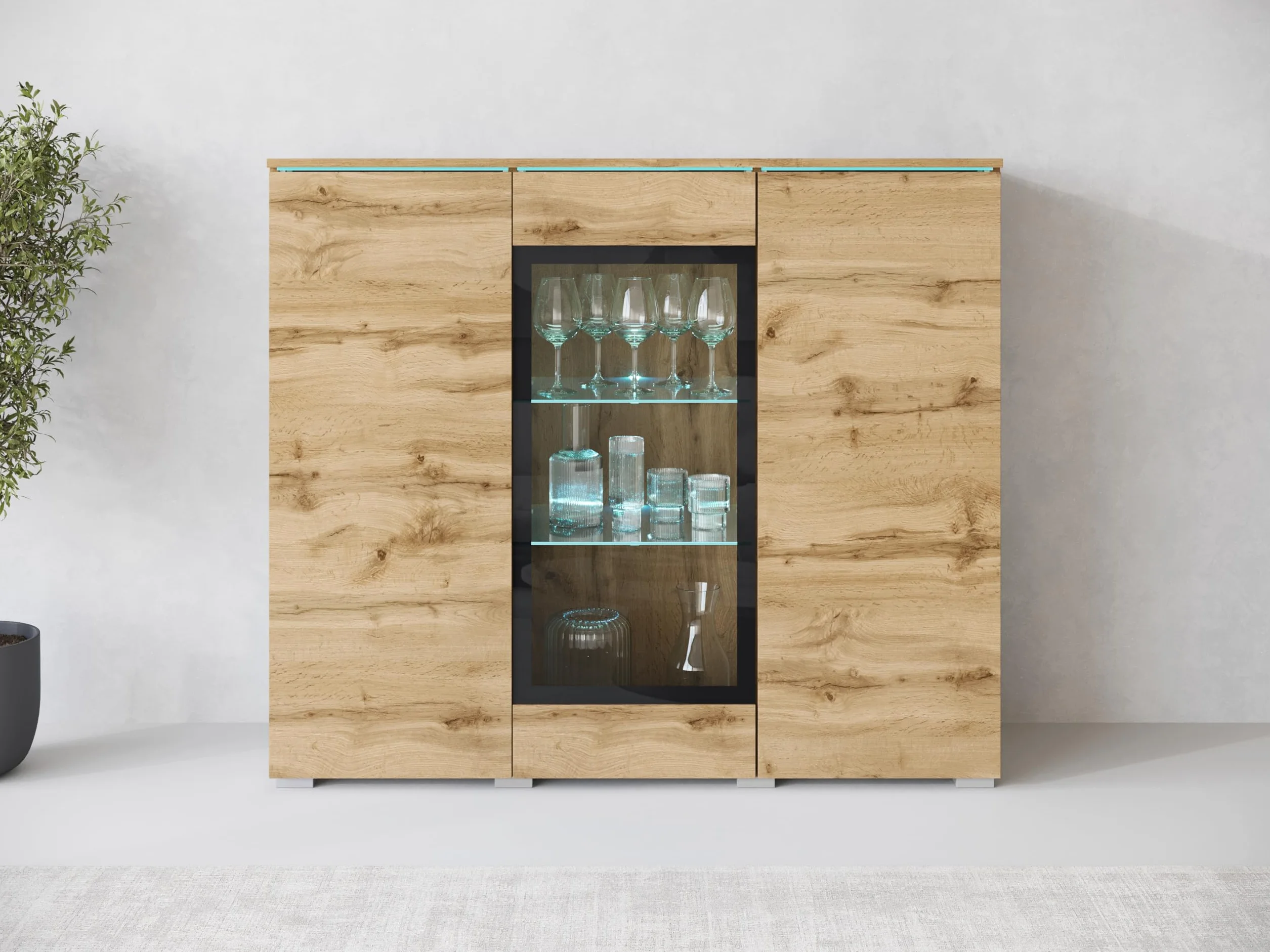 MINIO go for it - Buffet Salle a Manger Veve, Buffet Haut 120 cm Longueur, Meuble Vitrine Chêne Wotan - sans éclairage LED