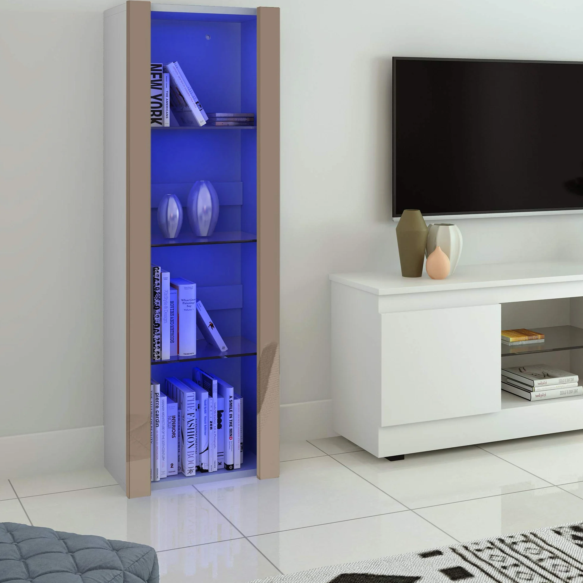 Panana Vitrine Lumières LED Meuble de Rangement avec Etagères sur Salon, Bureau, 55 x 35 x 166 cm (Gris+Blanc)