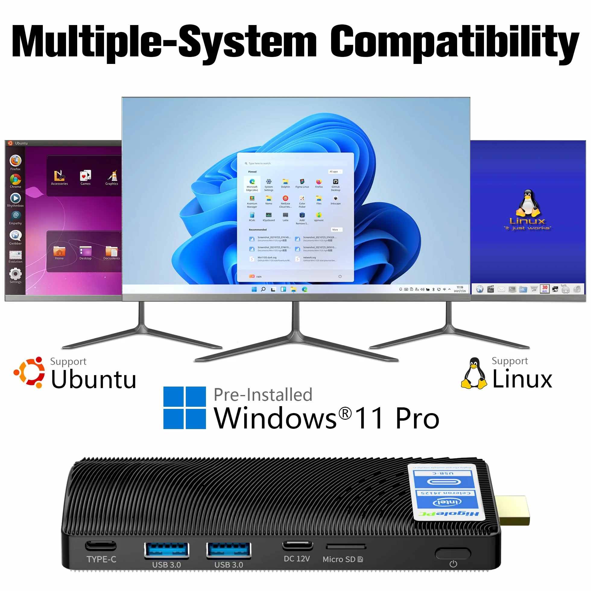 Mini PC Stick Win 11 Pro, Celeron J4125 8GB 256GB eMMC, Fanless, 4K 60Hz, USB-C, WiFi BT 5.2