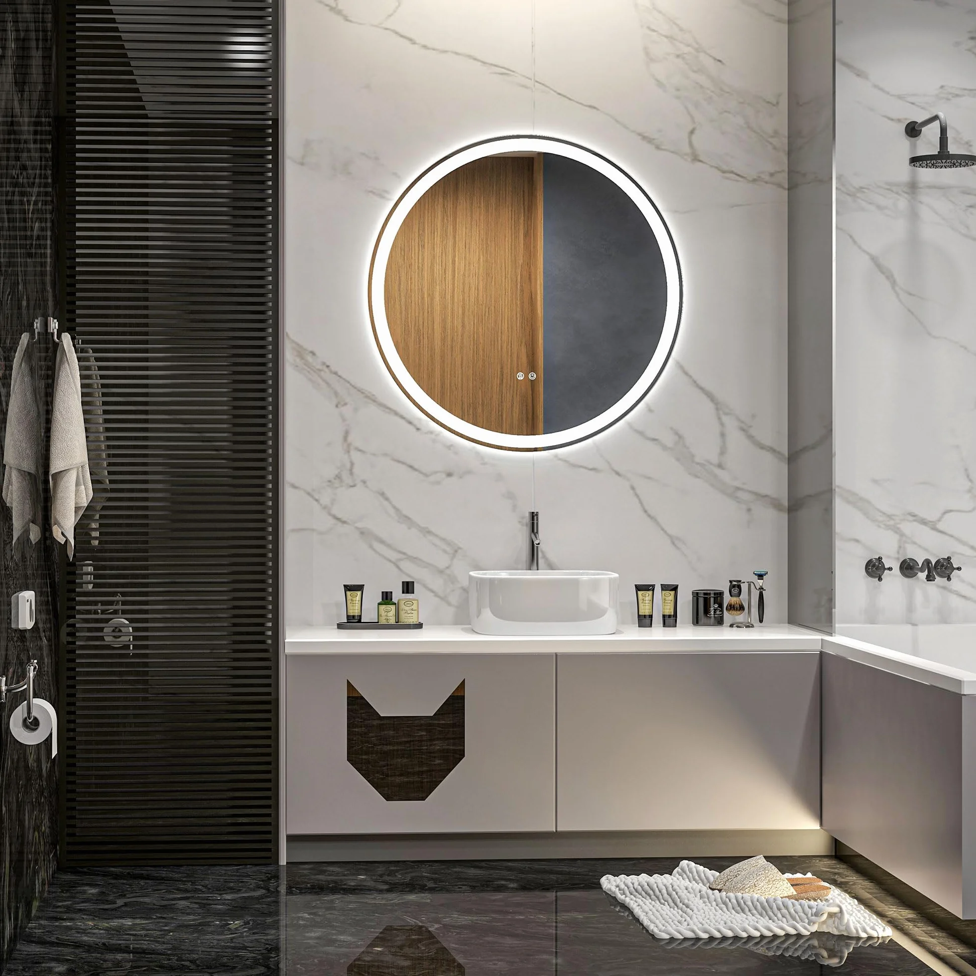 kleankin Miroir Salle de Bain avec éclairage Ø 70 cm Miroir Rond Lumineux 3 Couleurs Interrupteur Tactile système antibuée 23W Blanc Argent