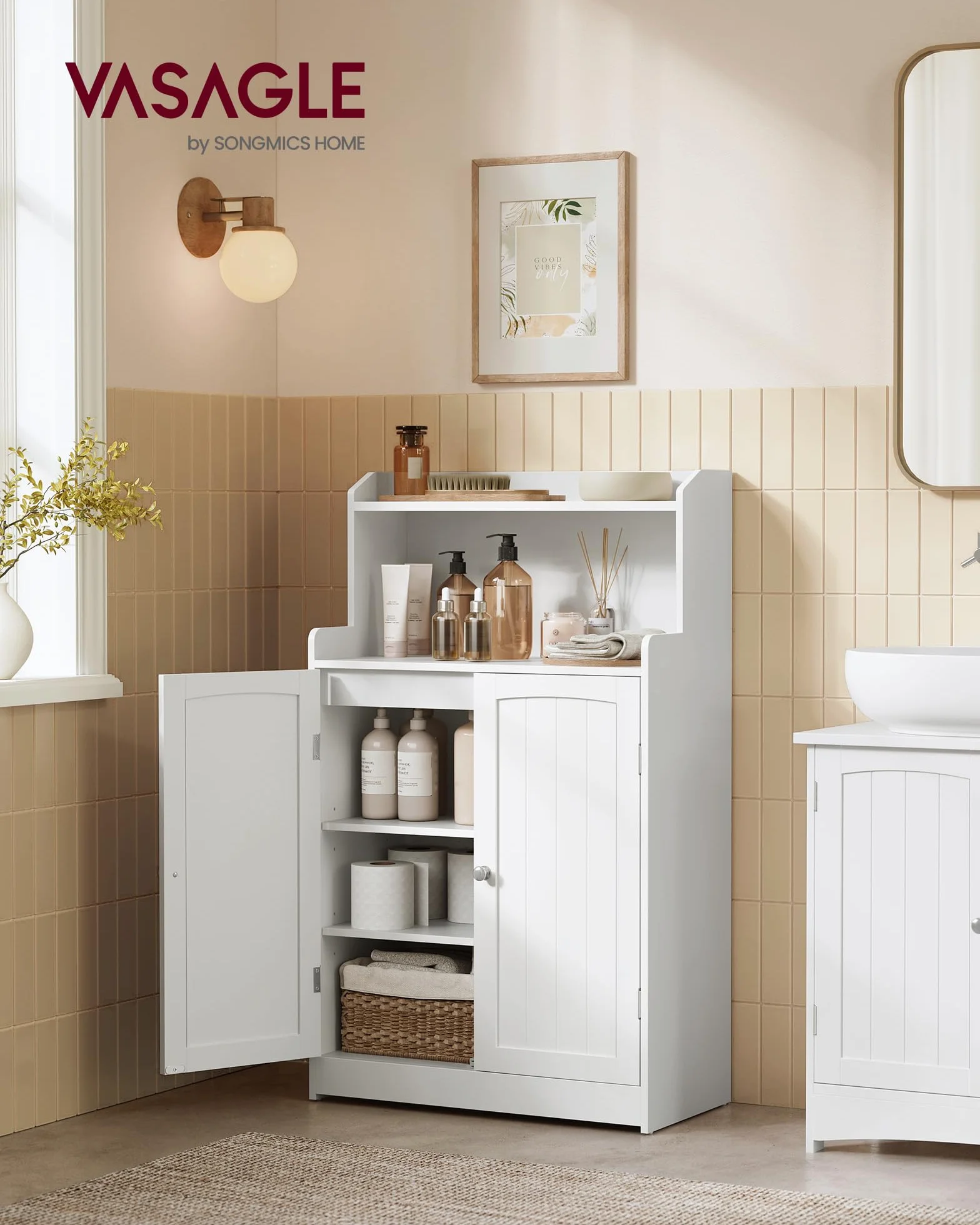 VASAGLE 100 cm de Hauteur Meuble de Salle de Bain, Meuble de Rangement, Armoire, 2 Portes, 2 Étagères Réglables, pour Salle à Manger, Cuisine, Salon, Blanc Nuage BBC770W01