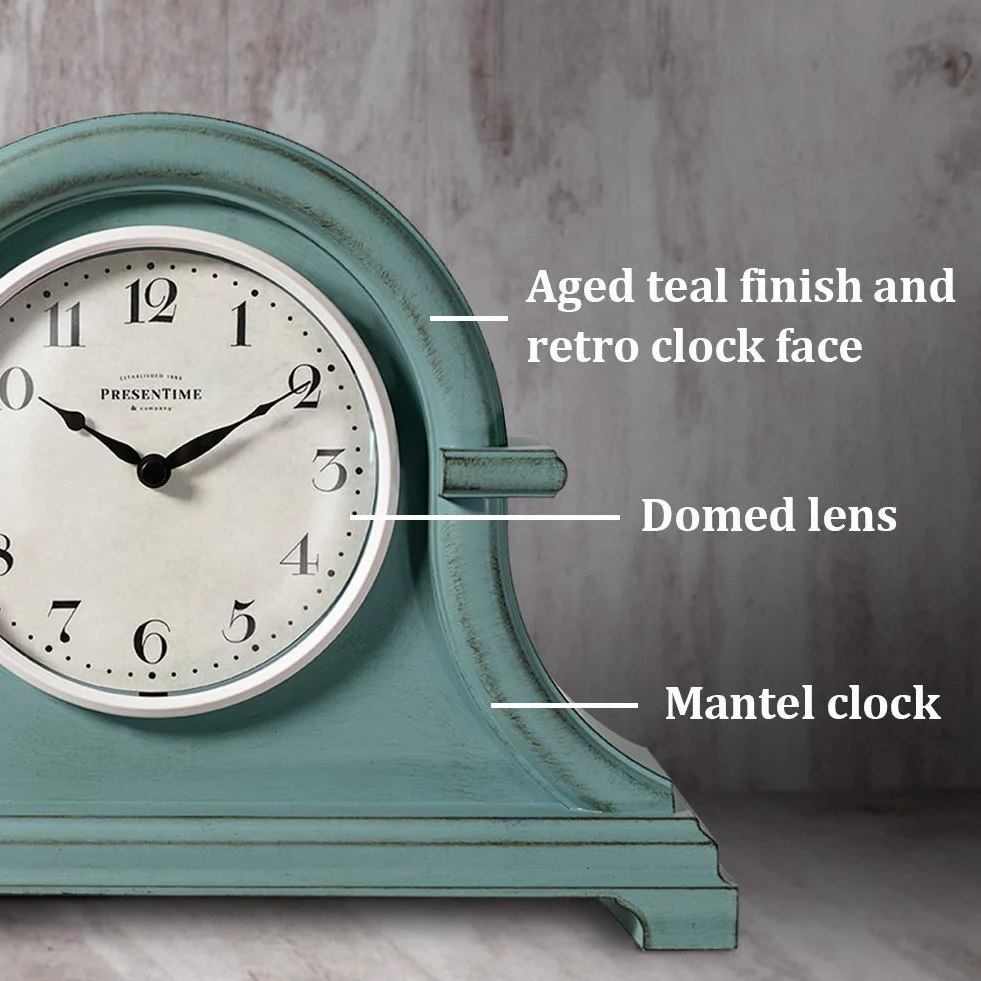 PRESENTIME & Co. Napoléon Horloge de cheminée Vintage Farmhouse 33 x 25 cm vitre bombée Mouvement à Quartz boîtier Plastique ABS Bleu Sarcelle Ancien